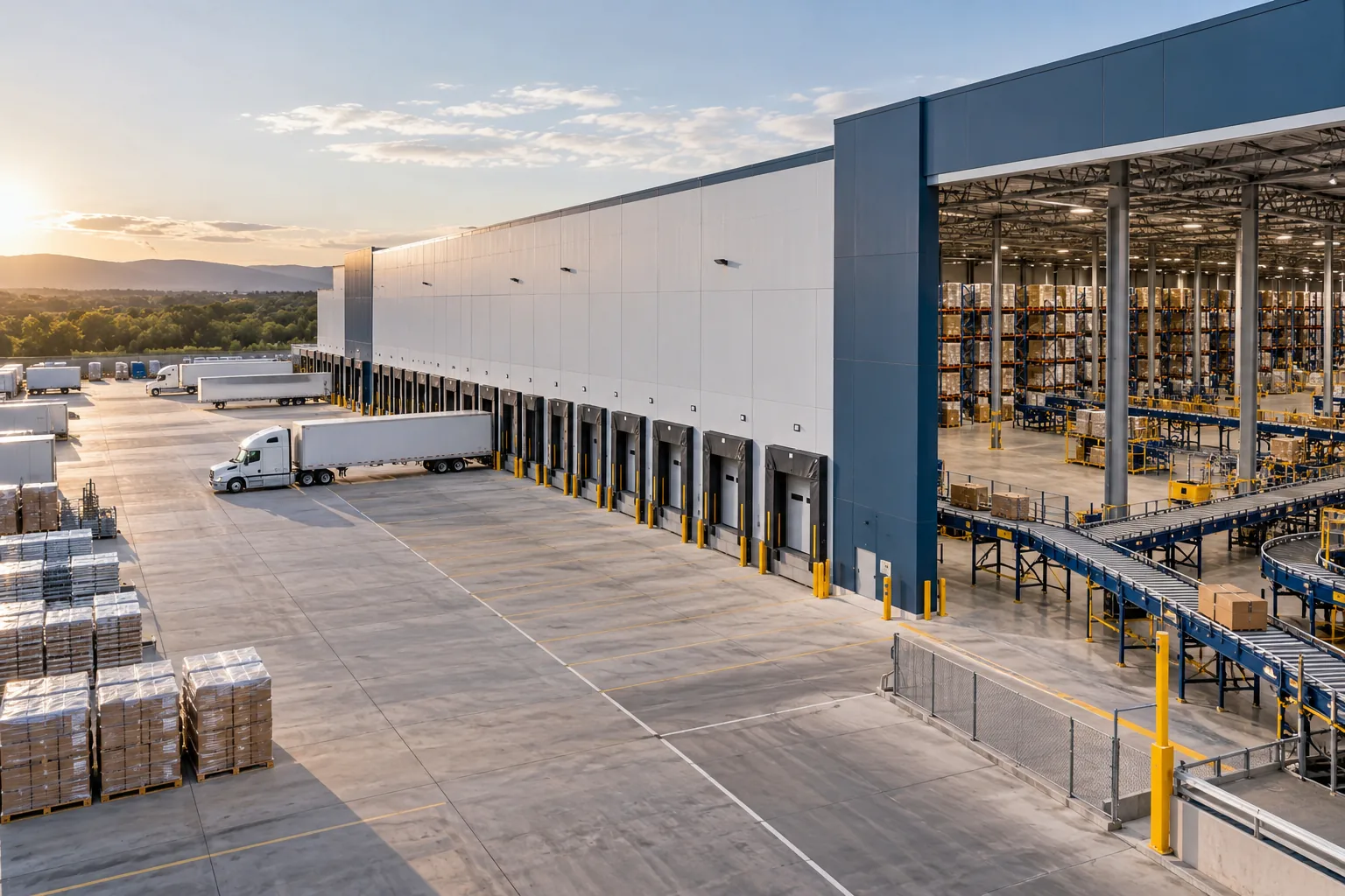 AI-generated illustration of logistics distribution center with dock doors, conveyor equipment, high-bay structure and staging lanes.