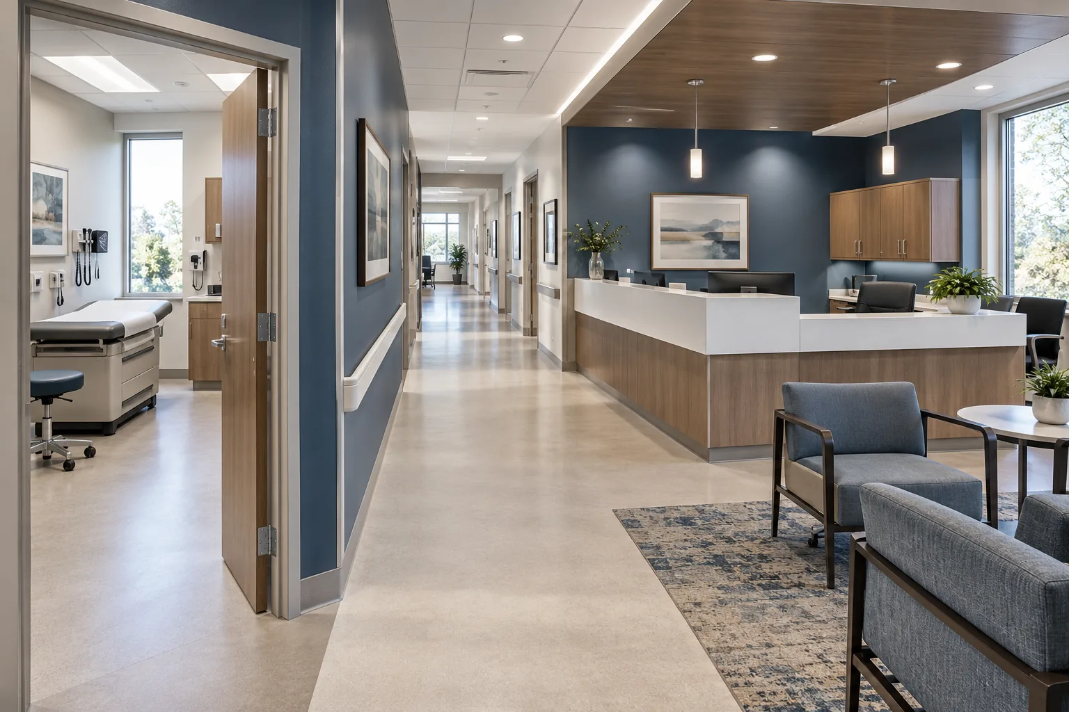 AI-generated illustration of outpatient medical office with exam-room entrance, clinical casework, reception seating and accessible circulation.