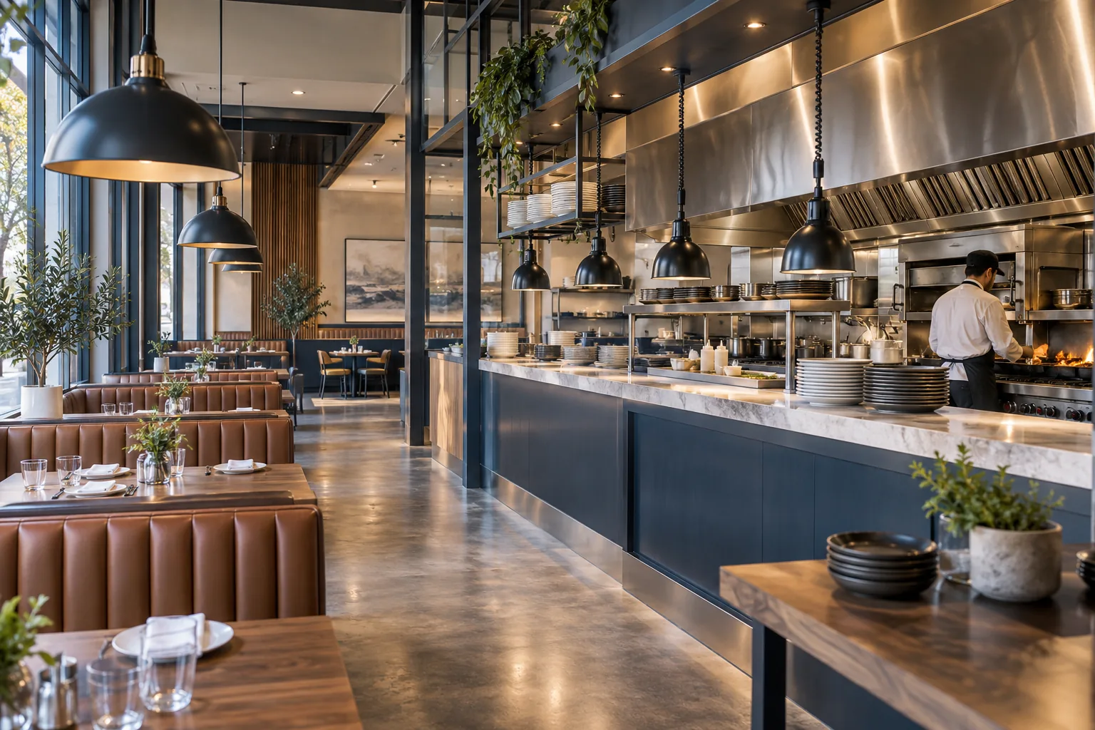 AI-generated illustration of restaurant fit-out with dining booths, commercial kitchen pass, exhaust hood and tasteful pendant lighting.