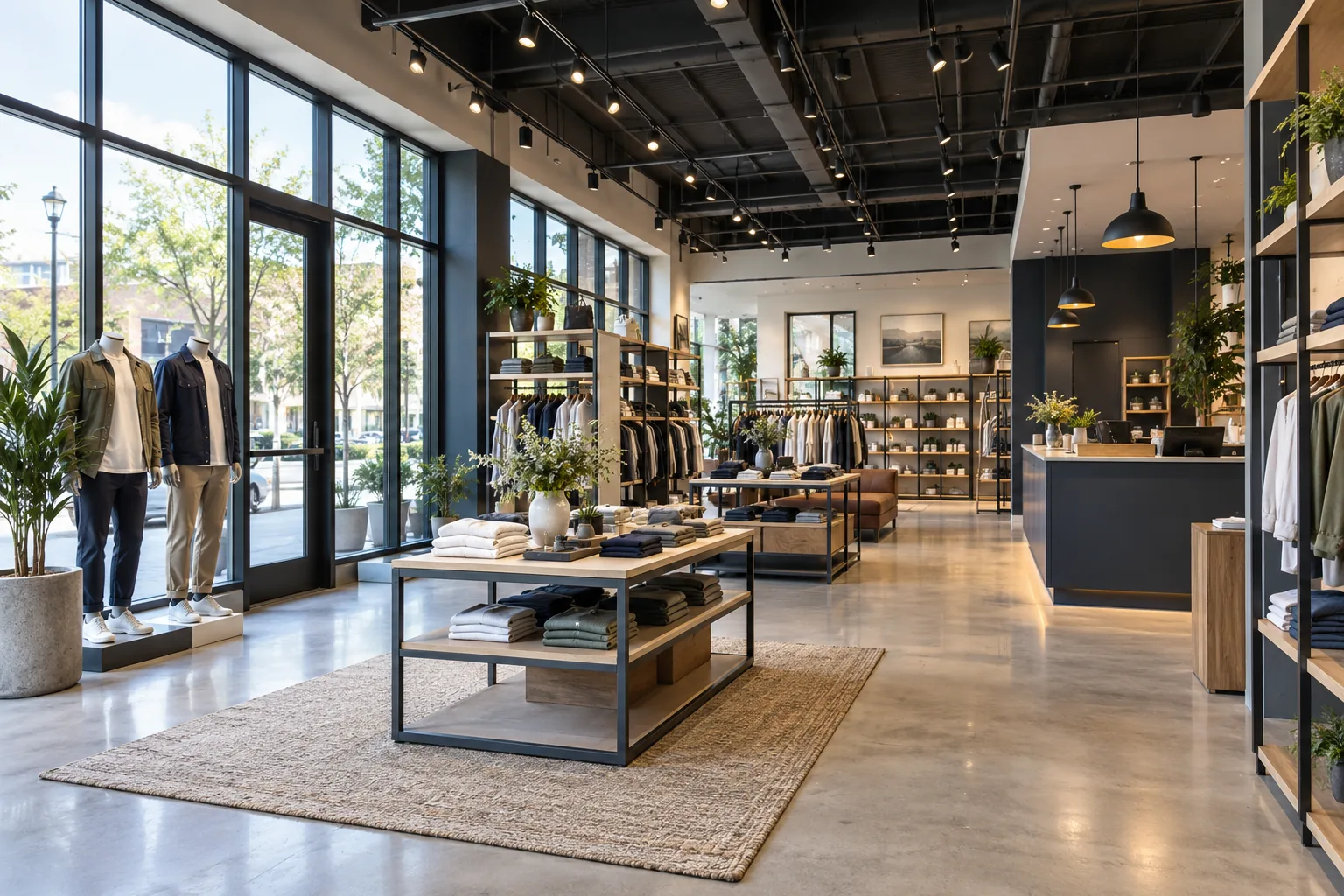 AI-generated illustration of modern retail store fit-out with storefront glazing, display shelving, track lighting and clean sales floor.