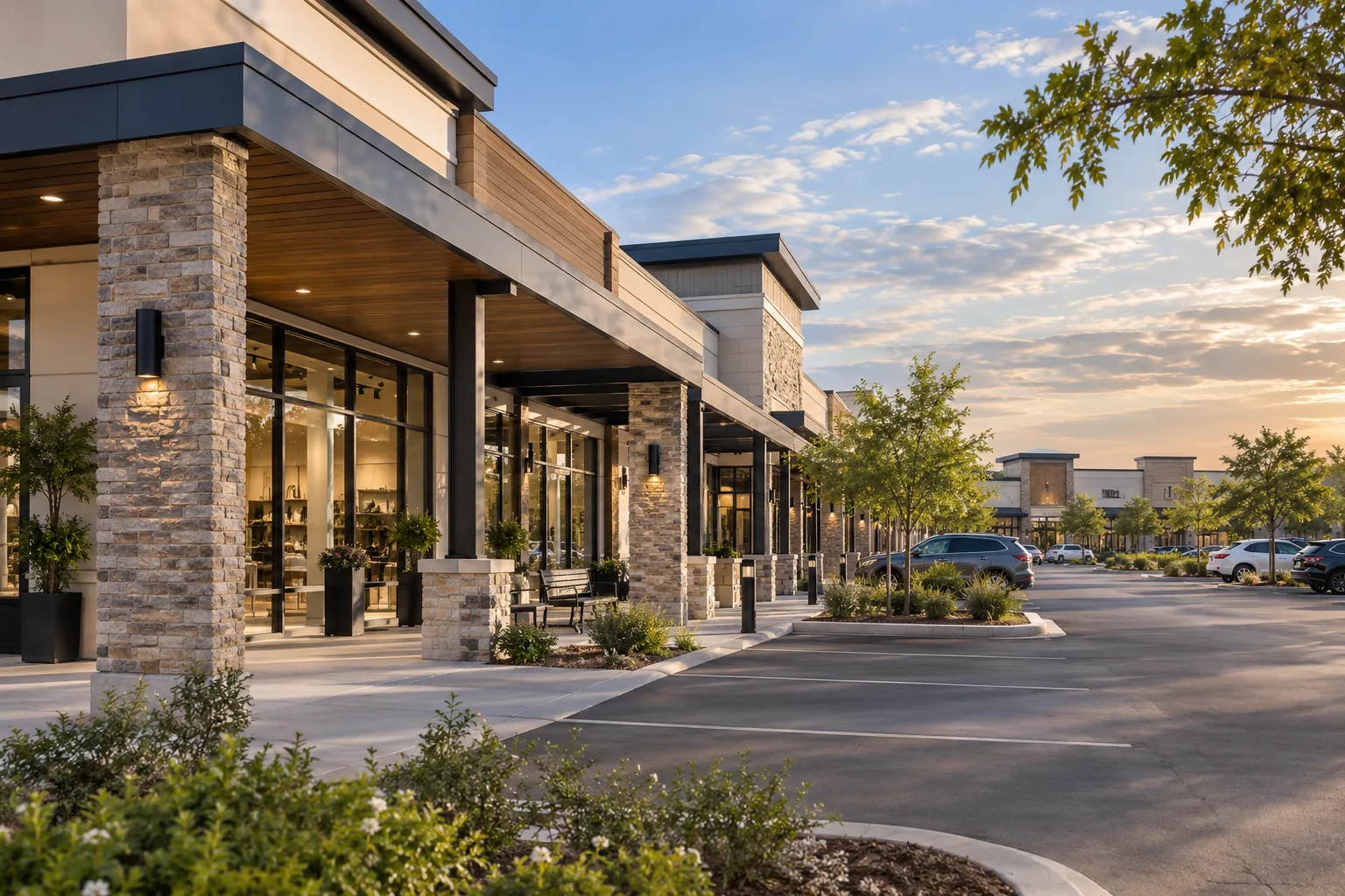 AI-generated illustration of open-air shopping center with several storefronts, covered pedestrian walkway, parking and landscaping.
