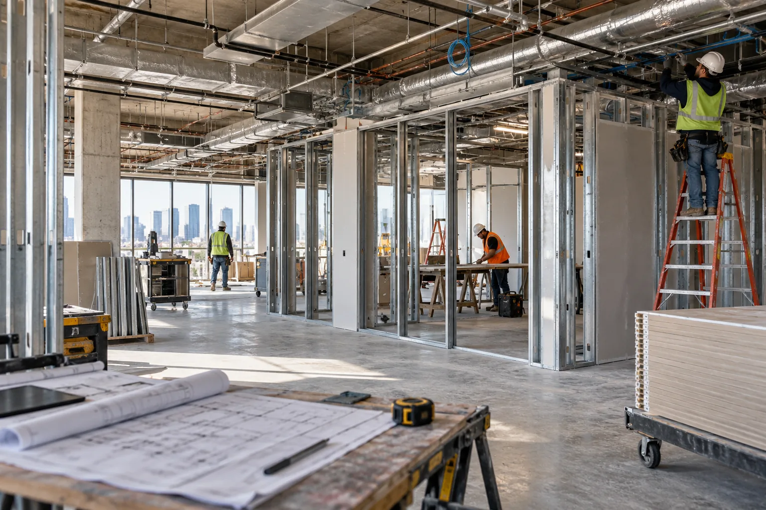 AI-generated illustration of commercial tenant improvement site with existing shell, newly framed meeting rooms and exposed ceiling service coordination.