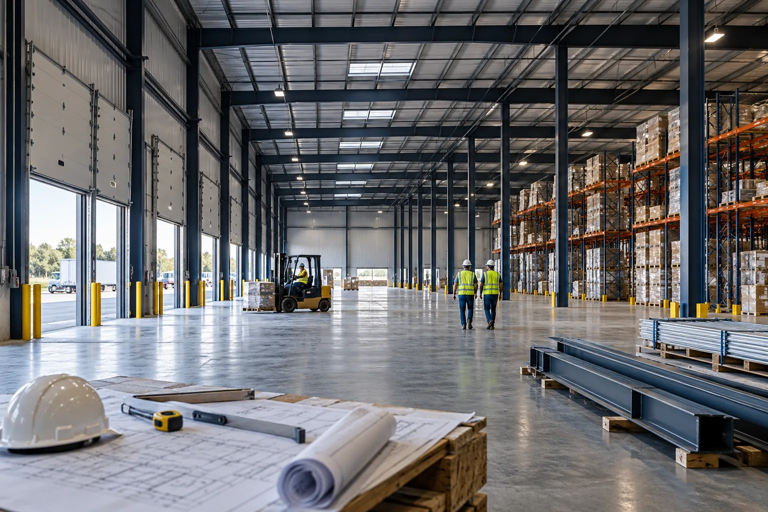 AI-generated illustration of large warehouse interior with clear-span steel structure, loading doors, pallet racks and concrete slab.