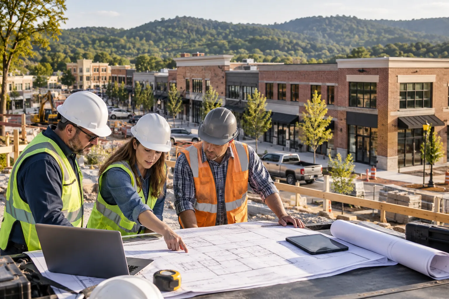 low-rise brick commercial district, wooded hills and warm daylight, foreground project drawing review station; illustrative regional setting for Alabama, no specific real landmark.