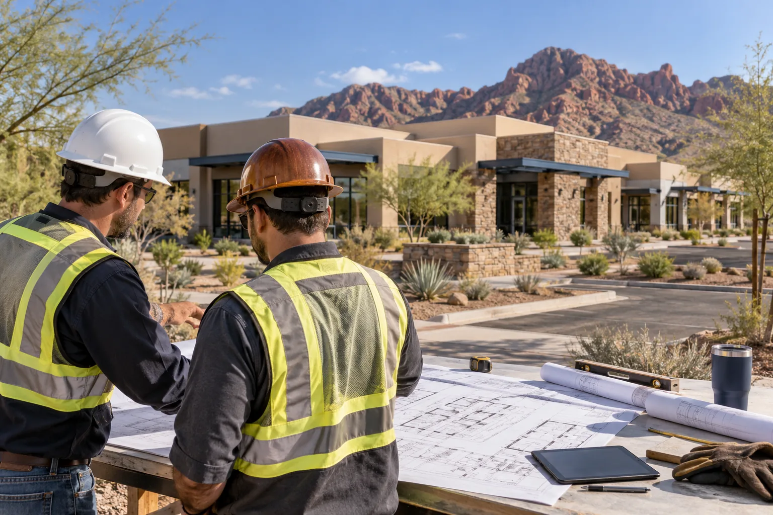 low-rise stucco commercial campus with desert landscaping and distant red-rock hills, foreground project drawing review station; illustrative regional setting for Arizona, no specific real landmark.