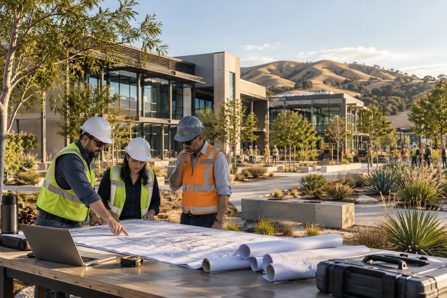 contemporary commercial campus with drought-tolerant landscaping and low golden hills, foreground project drawing review station; illustrative regional setting for California, no specific real landmark.