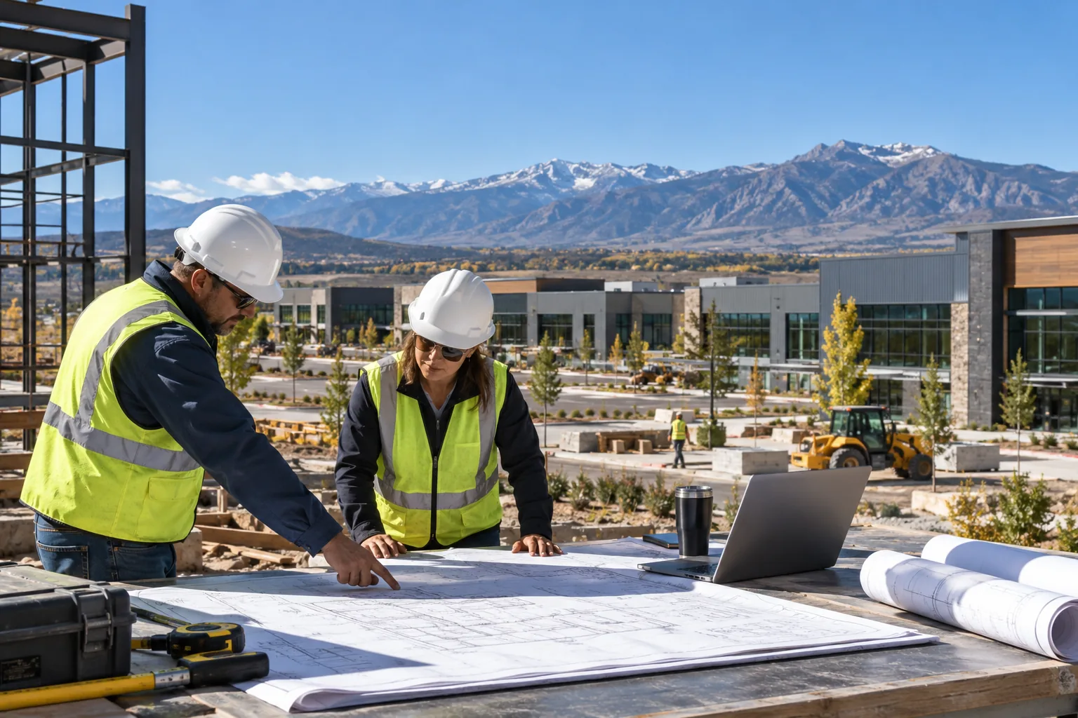 commercial business park against distant mountain foothills and clear blue sky, foreground project drawing review station; illustrative regional setting for Colorado, no specific real landmark.