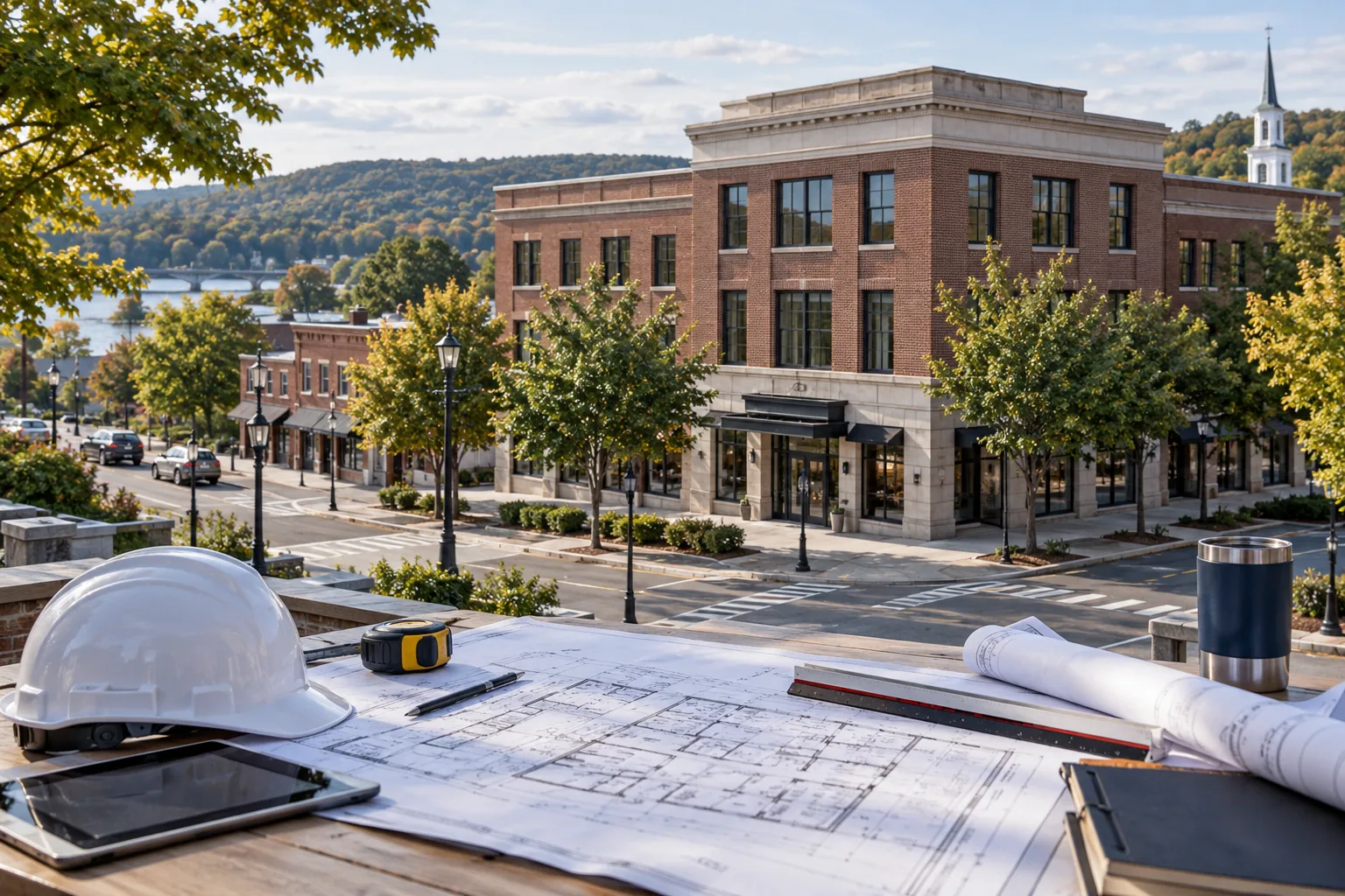 New England brick commercial building with mature trees and a modest town streetscape, foreground project drawing review station; illustrative regional setting for Connecticut, no specific real landmark.