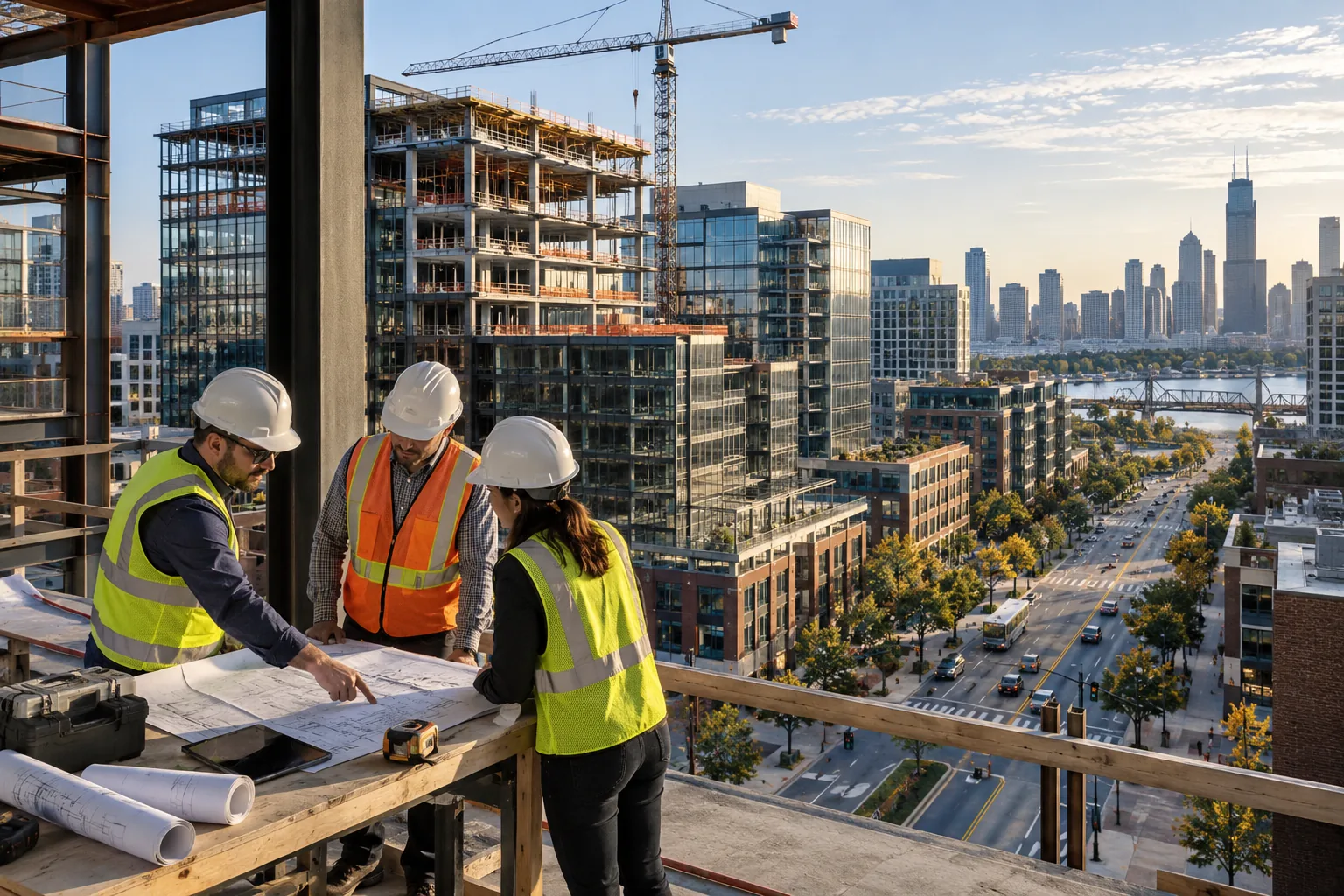 urban commercial construction with steel-and-glass midrise buildings and broad city streets, foreground project drawing review station; illustrative regional setting for Illinois, no specific real landmark.
