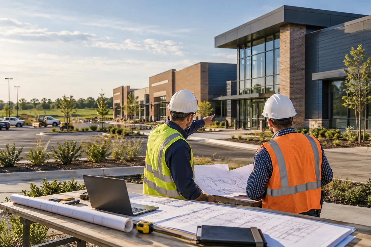 suburban commercial campus with brick-and-metal facades and open Midwestern landscape, foreground project drawing review station; illustrative regional setting for Indiana, no specific real landmark.