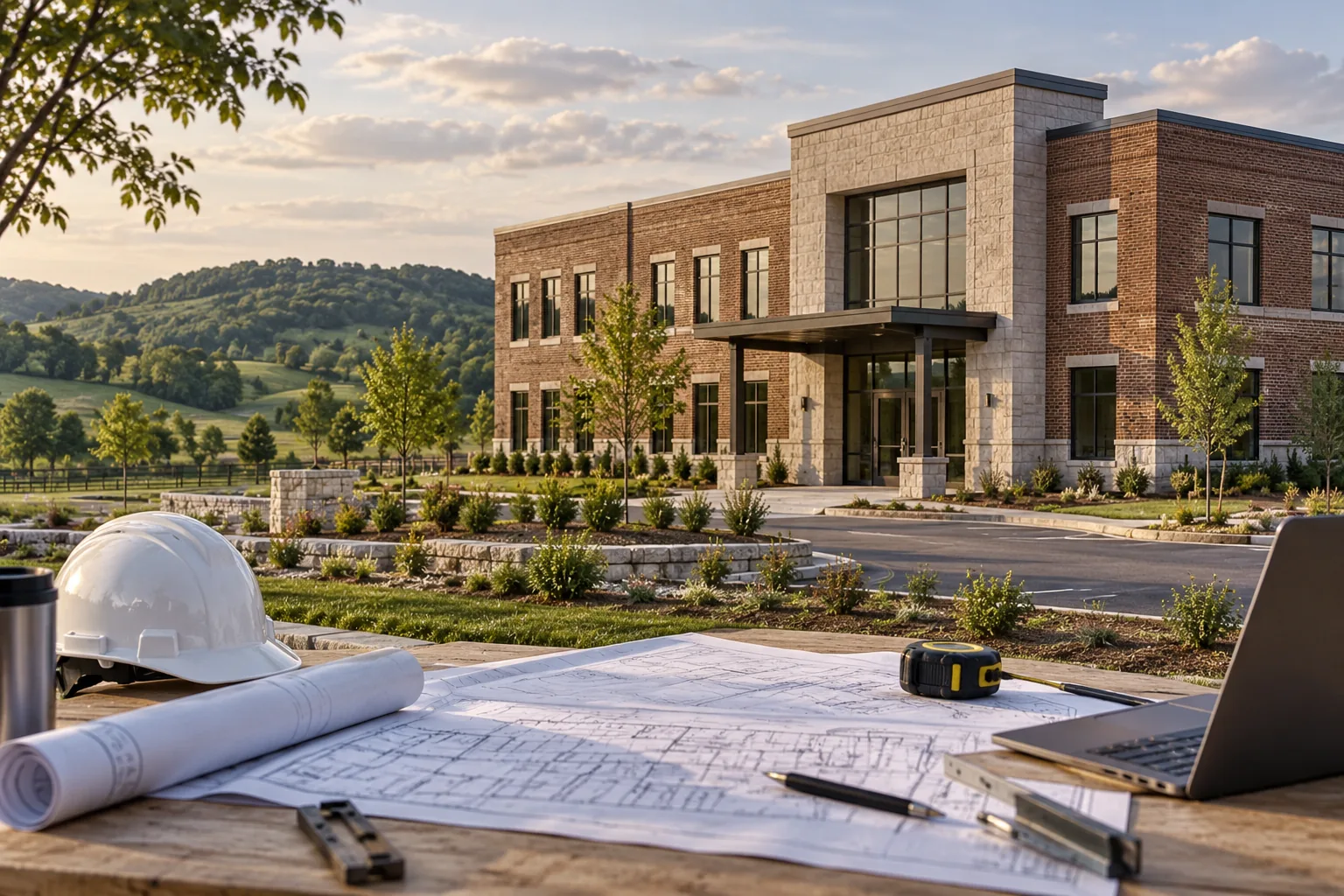 brick commercial building set in green rolling landscape and limestone details, foreground project drawing review station; illustrative regional setting for Kentucky, no specific real landmark.