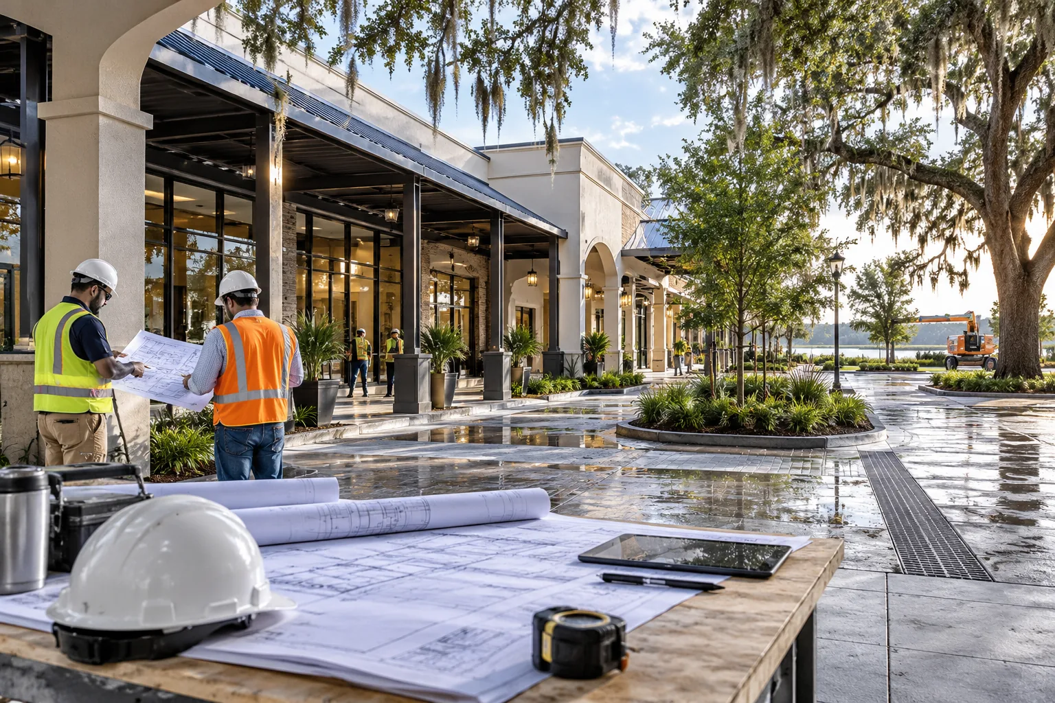 commercial building with sheltered arcades, drainage-conscious paving and lush lowland trees, foreground project drawing review station; illustrative regional setting for Louisiana, no specific real landmark.