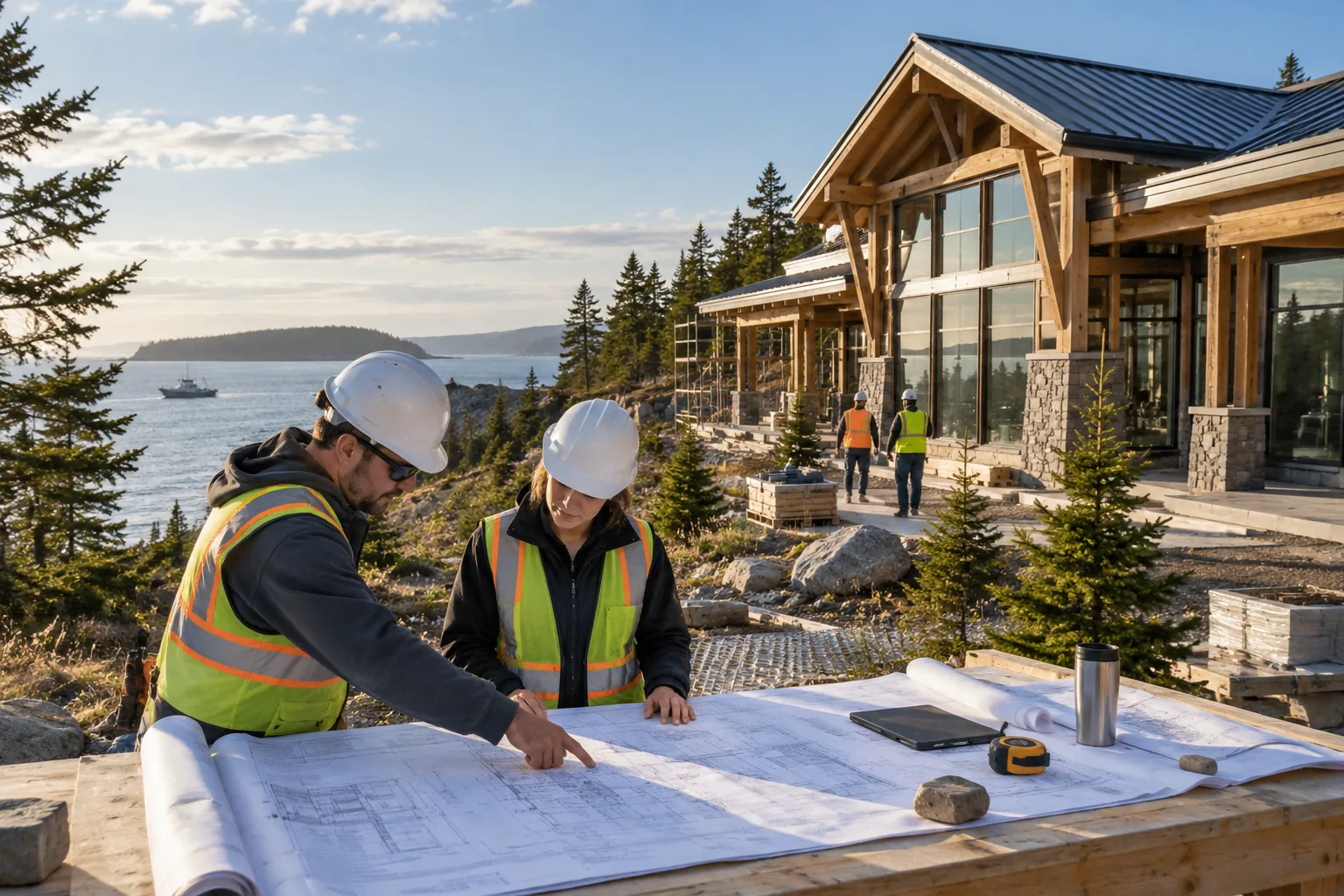 coastal commercial building with weathered timber accents, evergreens and cool maritime light, foreground project drawing review station; illustrative regional setting for Maine, no specific real landmark.