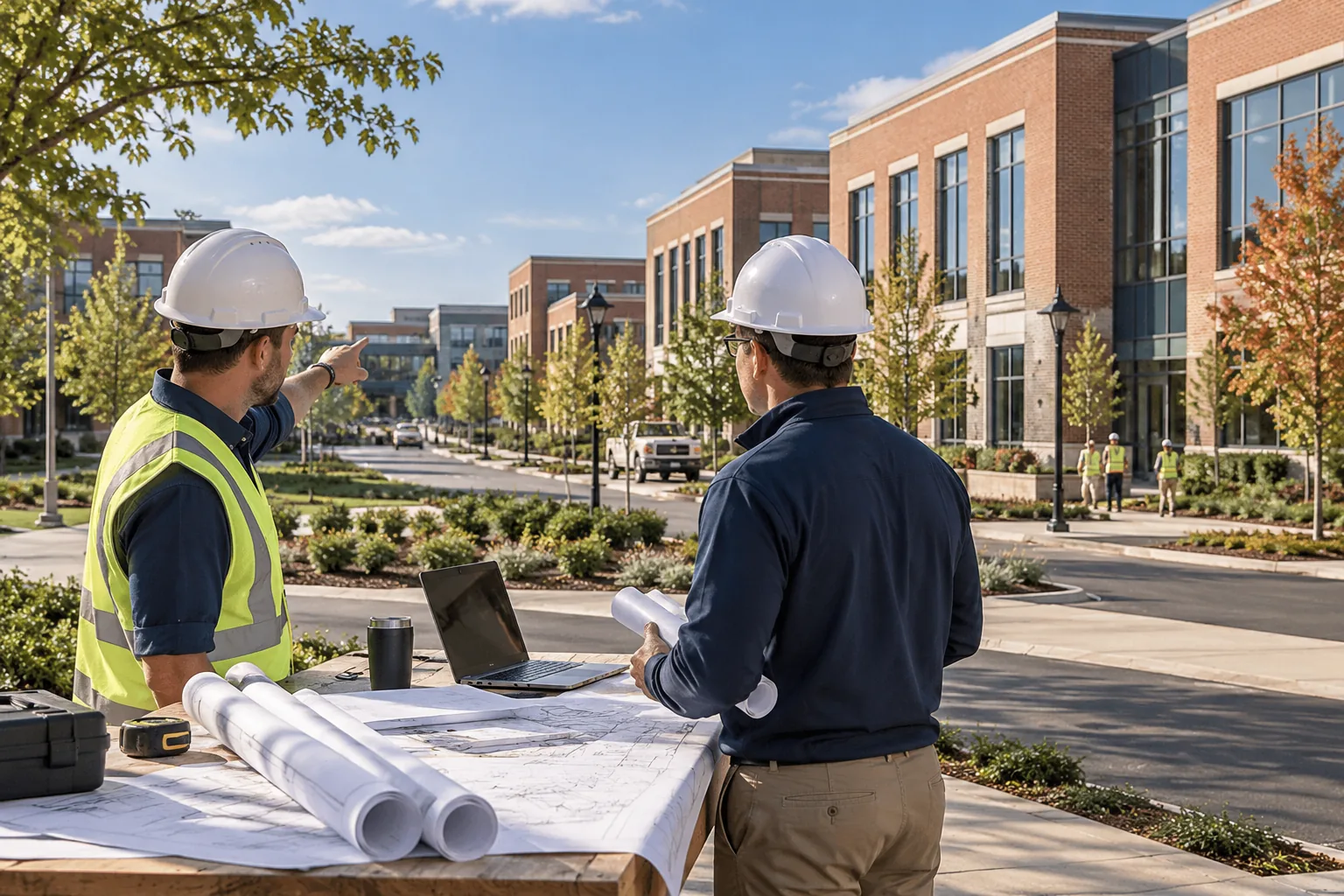commercial business campus with brick buildings and tree-lined streets, foreground project drawing review station; illustrative regional setting for Maryland, no specific real landmark.