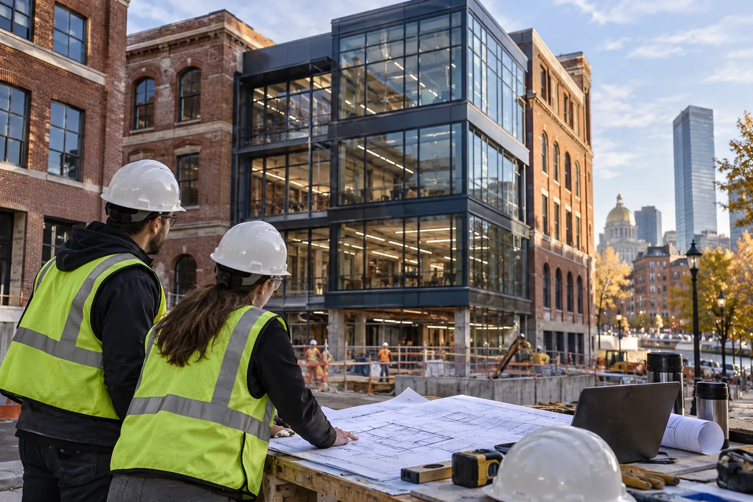 urban commercial infill building mixing contemporary glass and historic brick streetscape, foreground project drawing review station; illustrative regional setting for Massachusetts, no specific real landmark.