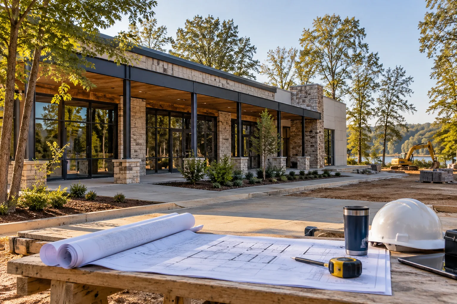 low-rise commercial building with shaded frontage and warm wooded surroundings, foreground project drawing review station; illustrative regional setting for Mississippi, no specific real landmark.