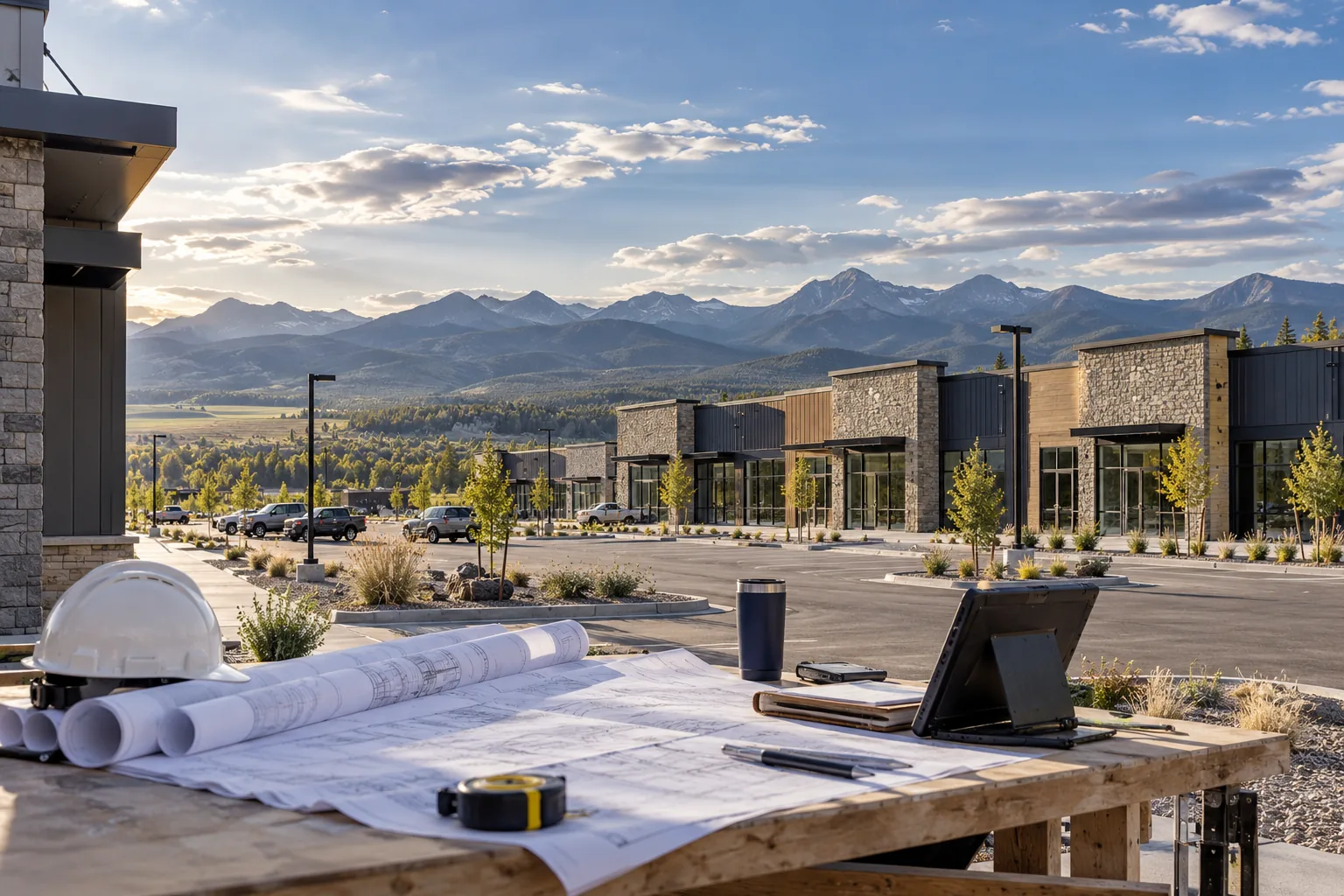 small commercial business park with vast sky and distant mountain ridges, foreground project drawing review station; illustrative regional setting for Montana, no specific real landmark.