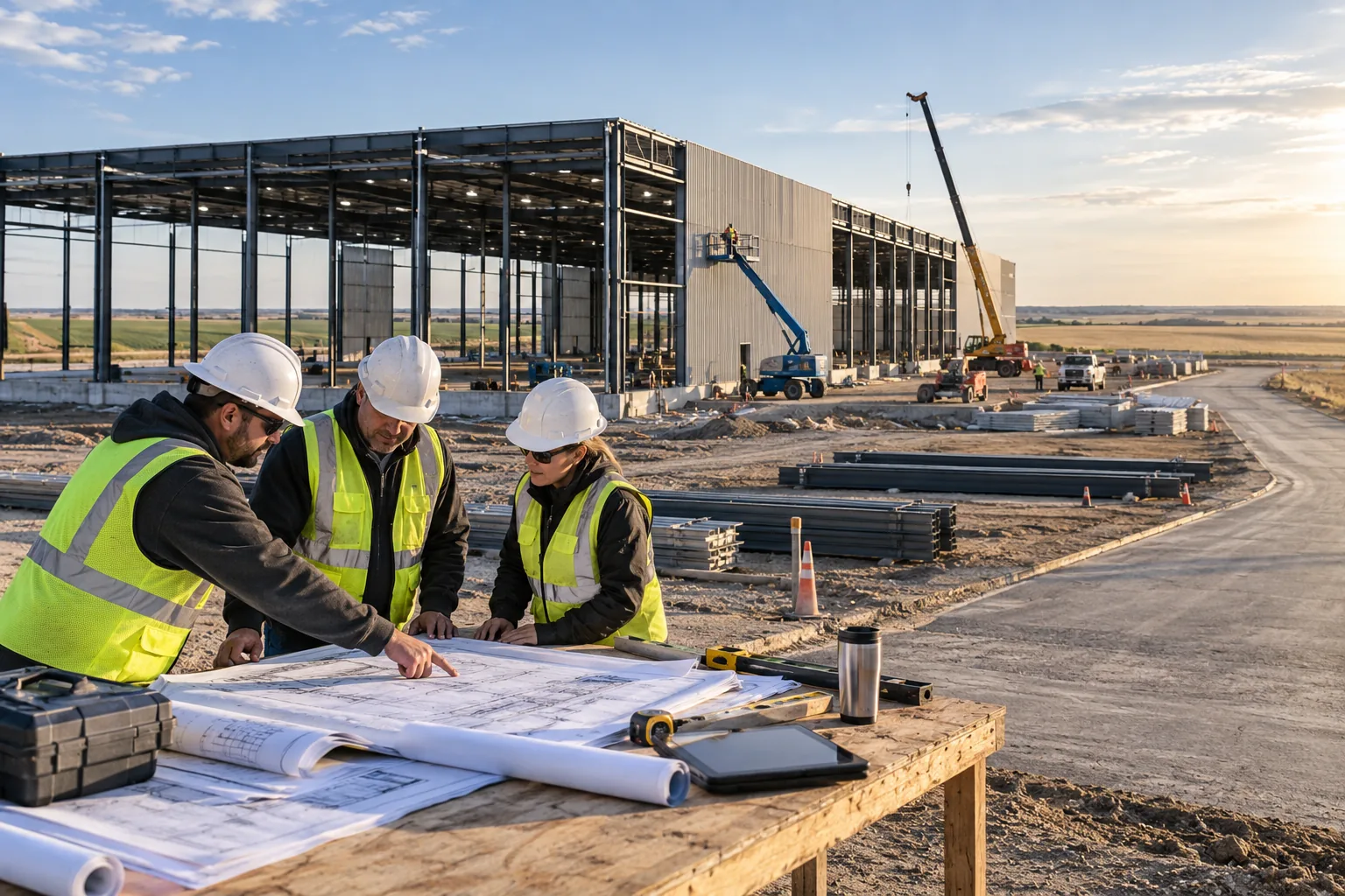 commercial warehouse construction with broad prairie horizon and clean access roads, foreground project drawing review station; illustrative regional setting for Nebraska, no specific real landmark.