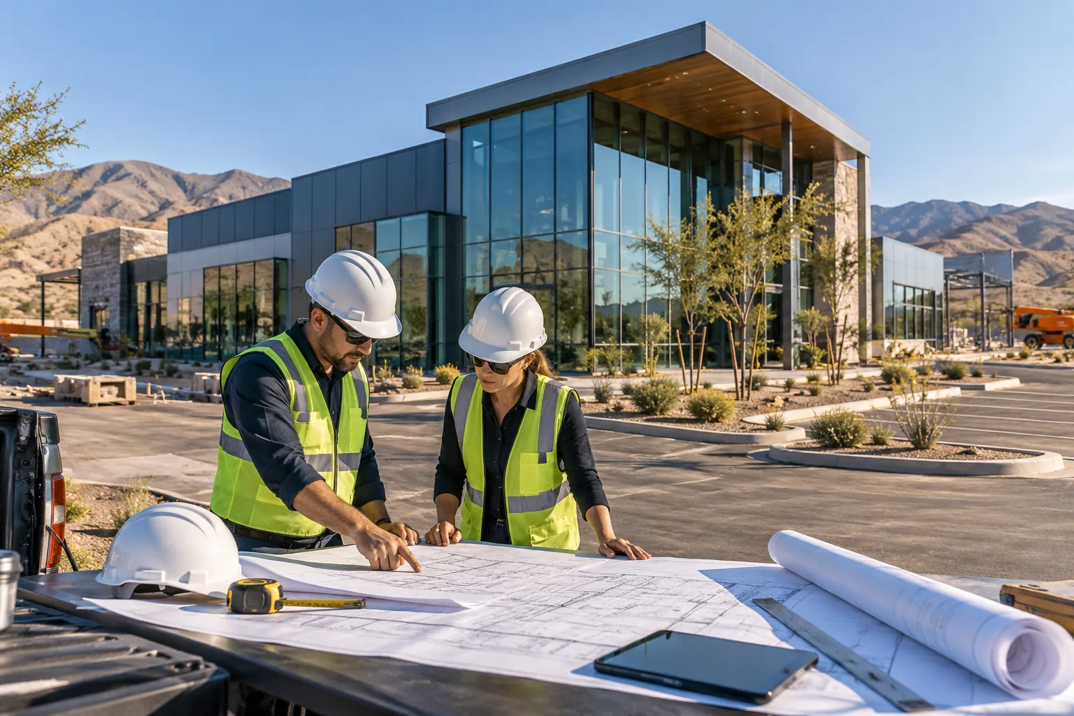 commercial glass-and-metal building with dry desert hills and sparse landscaping, foreground project drawing review station; illustrative regional setting for Nevada, no specific real landmark.