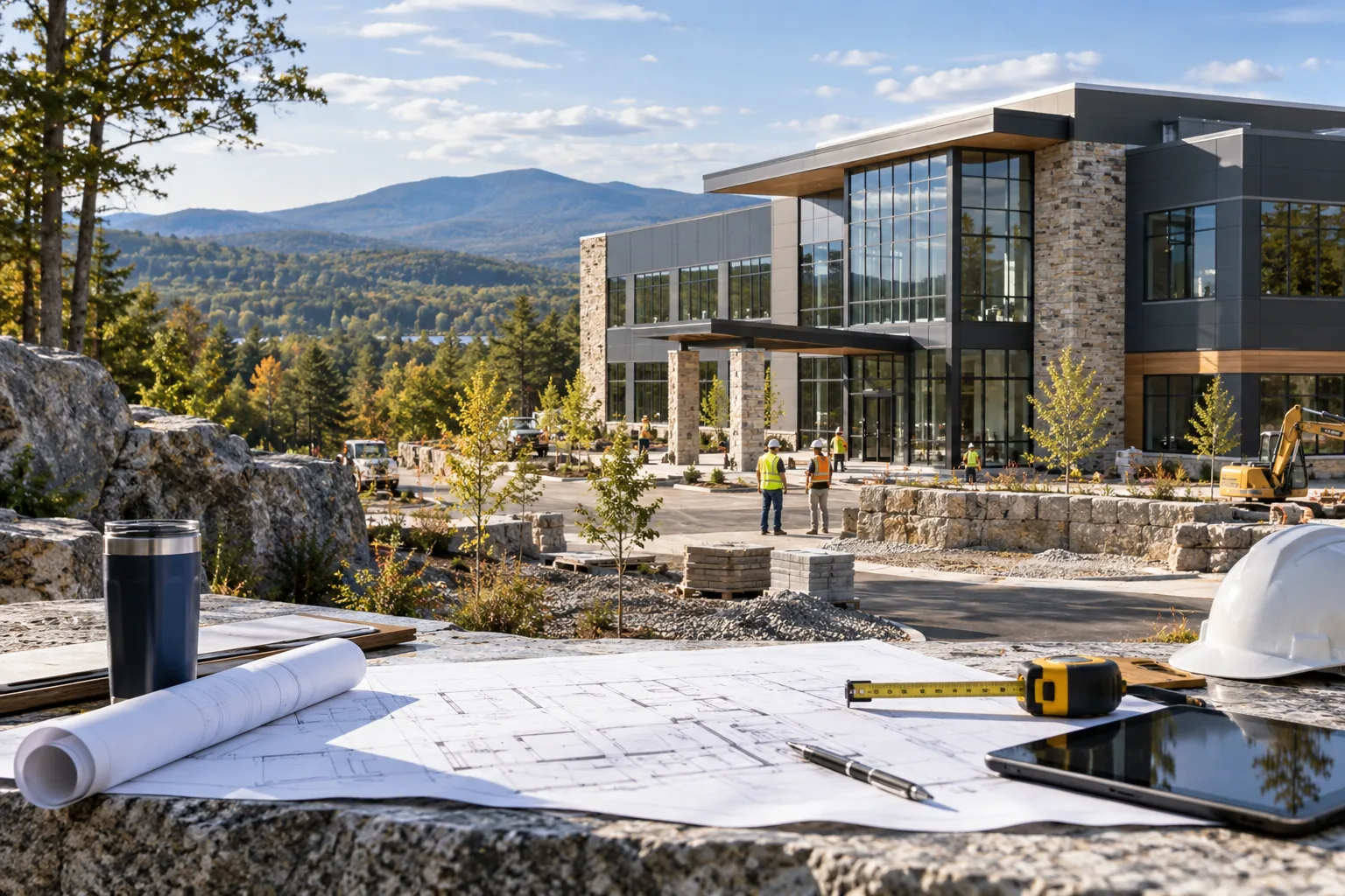 commercial office development with forested hills and granite landscape details, foreground project drawing review station; illustrative regional setting for New Hampshire, no specific real landmark.