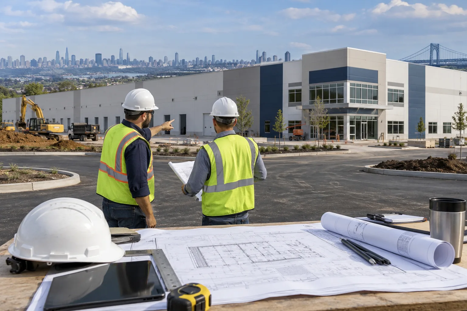 suburban commercial warehouse and office site with dense regional infrastructure, foreground project drawing review station; illustrative regional setting for New Jersey, no specific real landmark.