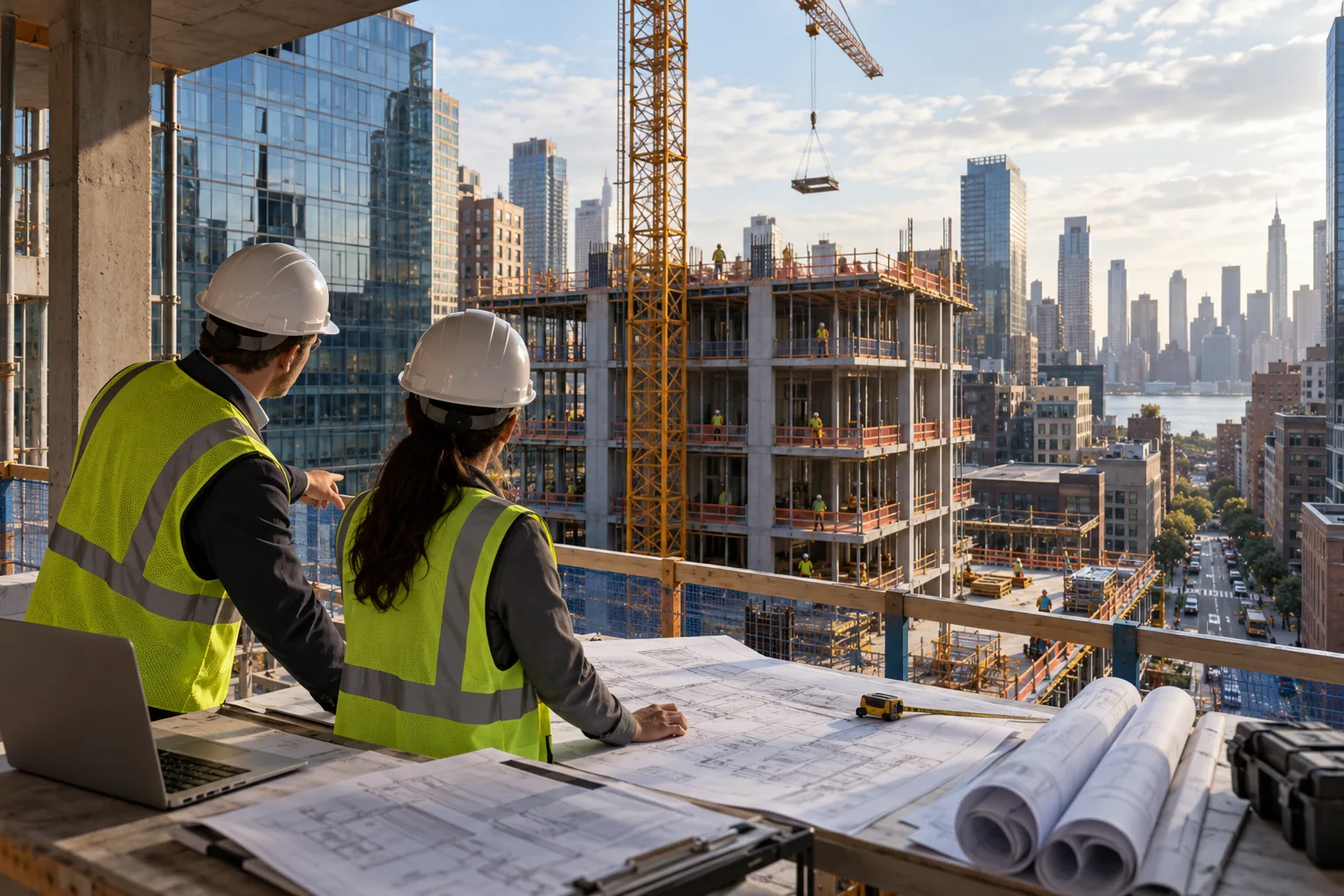 urban commercial mid-rise construction with dense city blocks and glass facades, foreground project drawing review station; illustrative regional setting for New York, no specific real landmark.