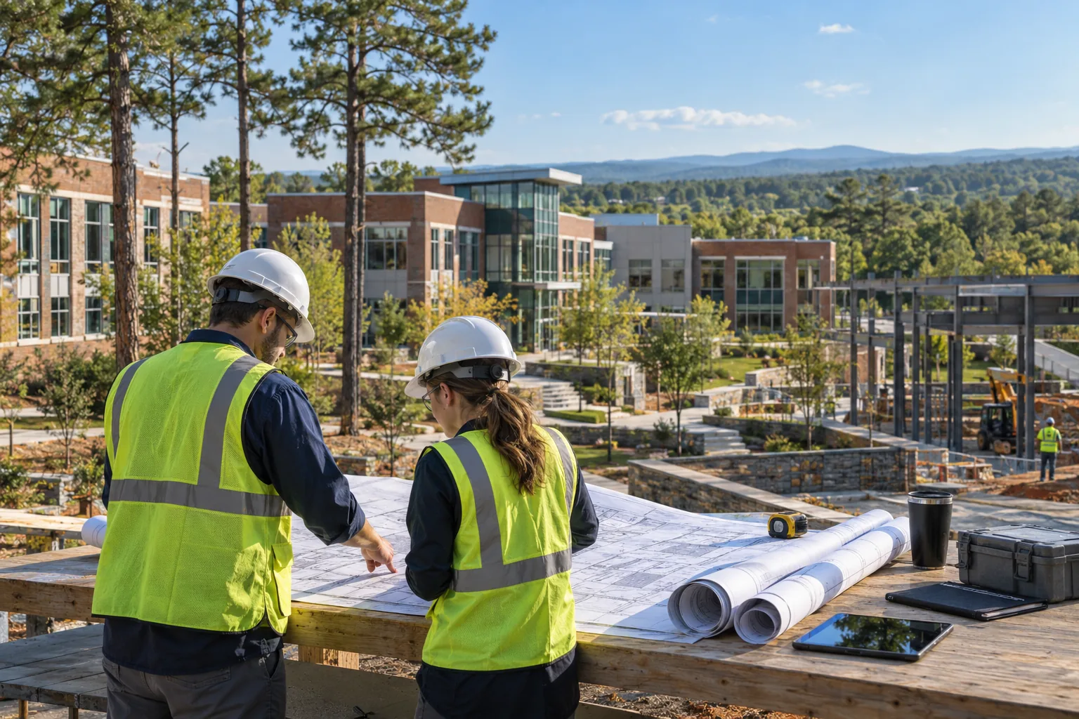 commercial office campus with pine trees, red-brick details and Piedmont landscape, foreground project drawing review station; illustrative regional setting for North Carolina, no specific real landmark.