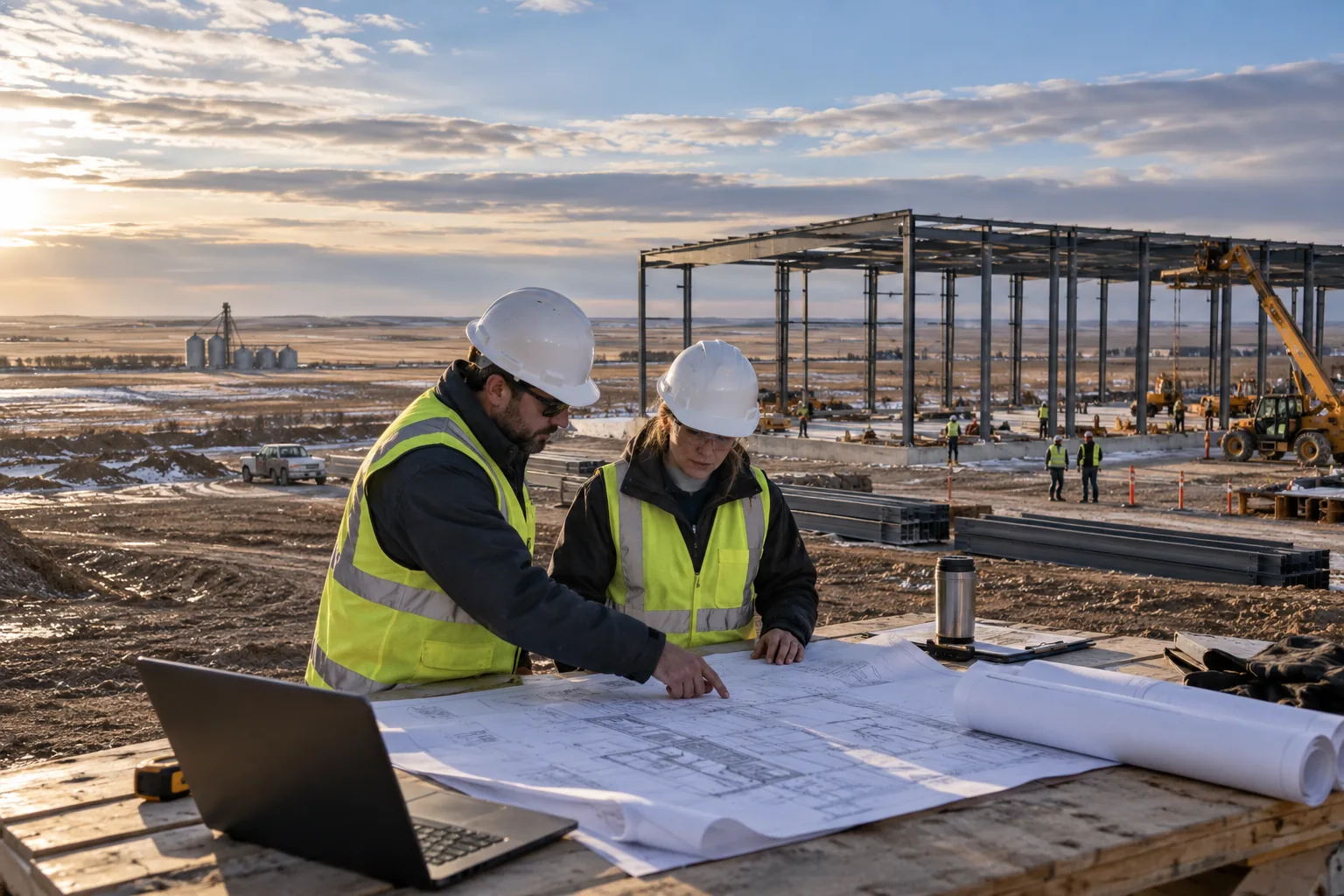 commercial industrial site with open northern prairie and broad sky, foreground project drawing review station; illustrative regional setting for North Dakota, no specific real landmark.