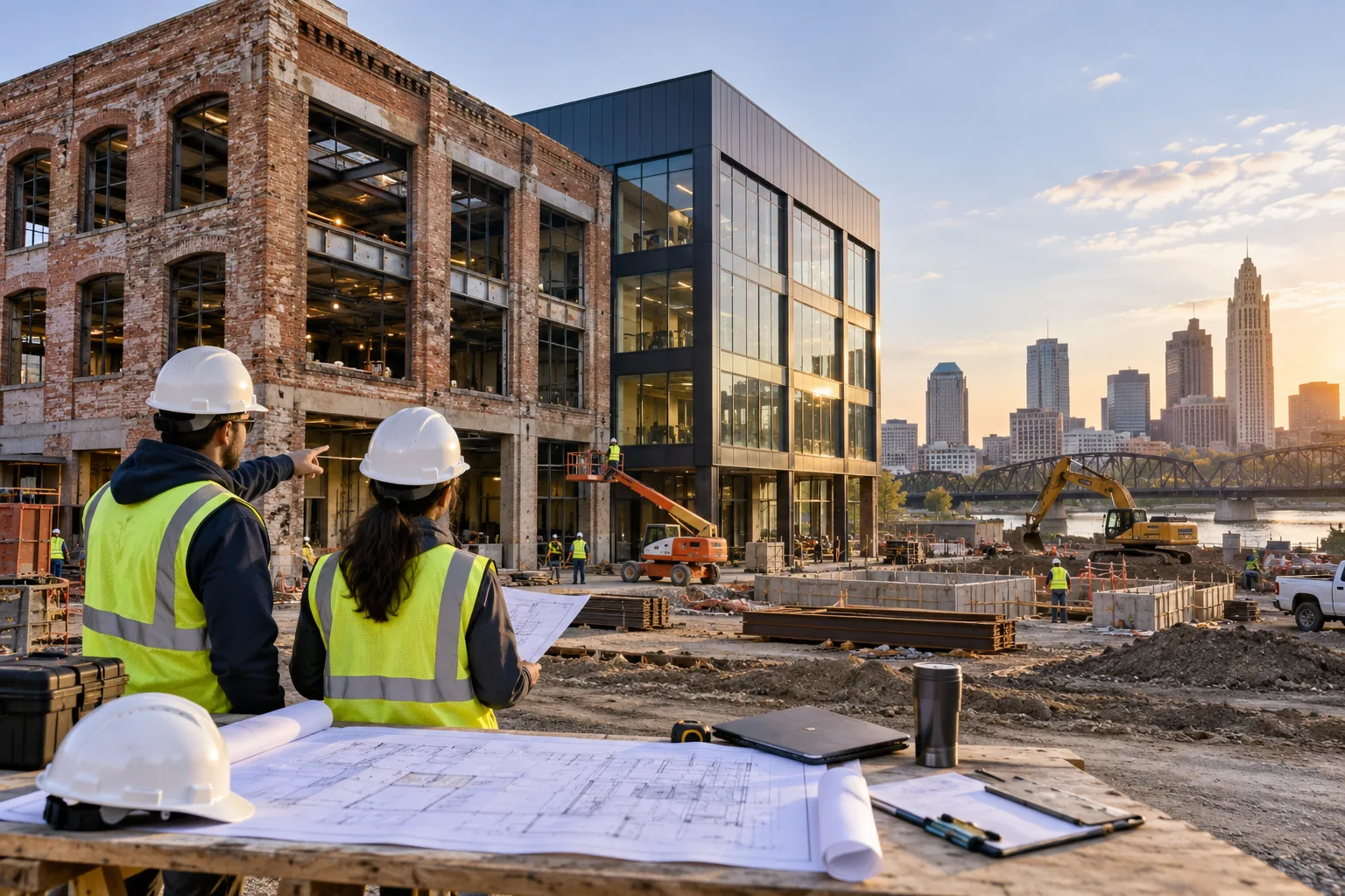 commercial redevelopment site with industrial brick and modern office facade, foreground project drawing review station; illustrative regional setting for Ohio, no specific real landmark.