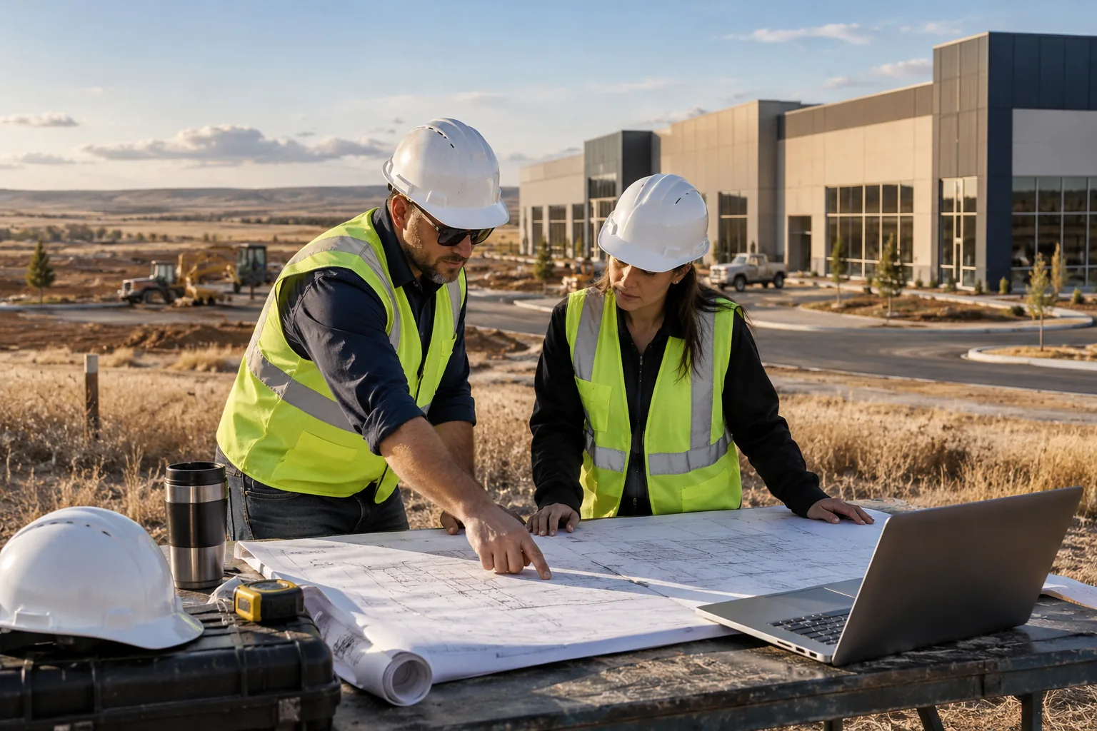 commercial business park with broad southern plains landscape and dry grasses, foreground project drawing review station; illustrative regional setting for Oklahoma, no specific real landmark.
