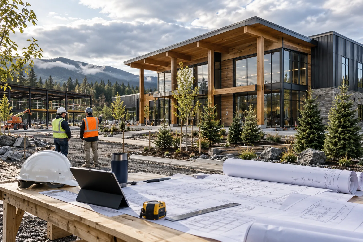 commercial building with timber accents, evergreen landscaping and soft cloudy light, foreground project drawing review station; illustrative regional setting for Oregon, no specific real landmark.