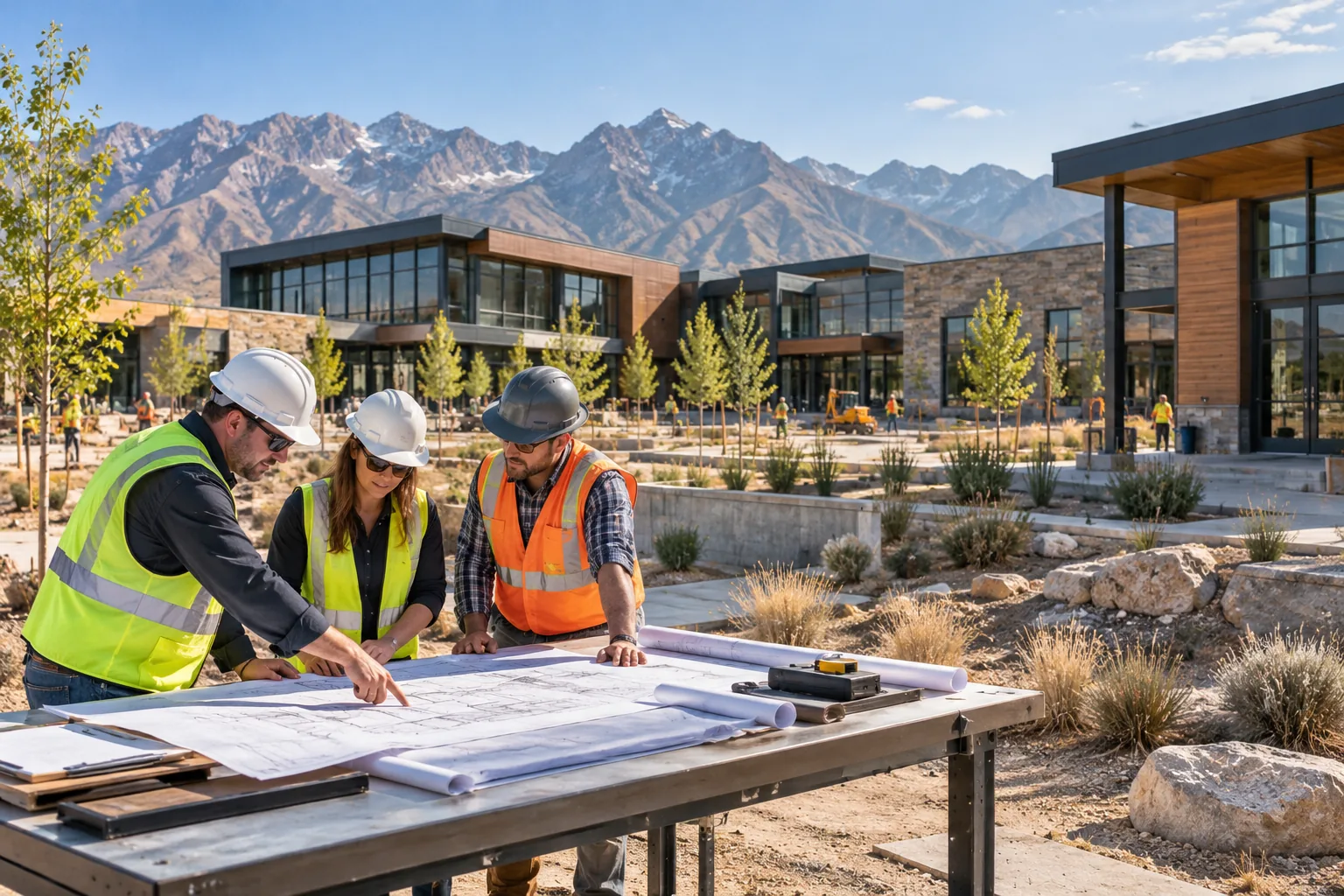 commercial campus with arid landscaping and mountain ridge backdrop, foreground project drawing review station; illustrative regional setting for Utah, no specific real landmark.