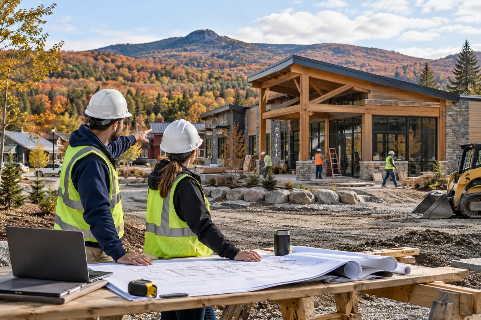 small commercial development with timber accents, wooded hills and autumn foliage, foreground project drawing review station; illustrative regional setting for Vermont, no specific real landmark.