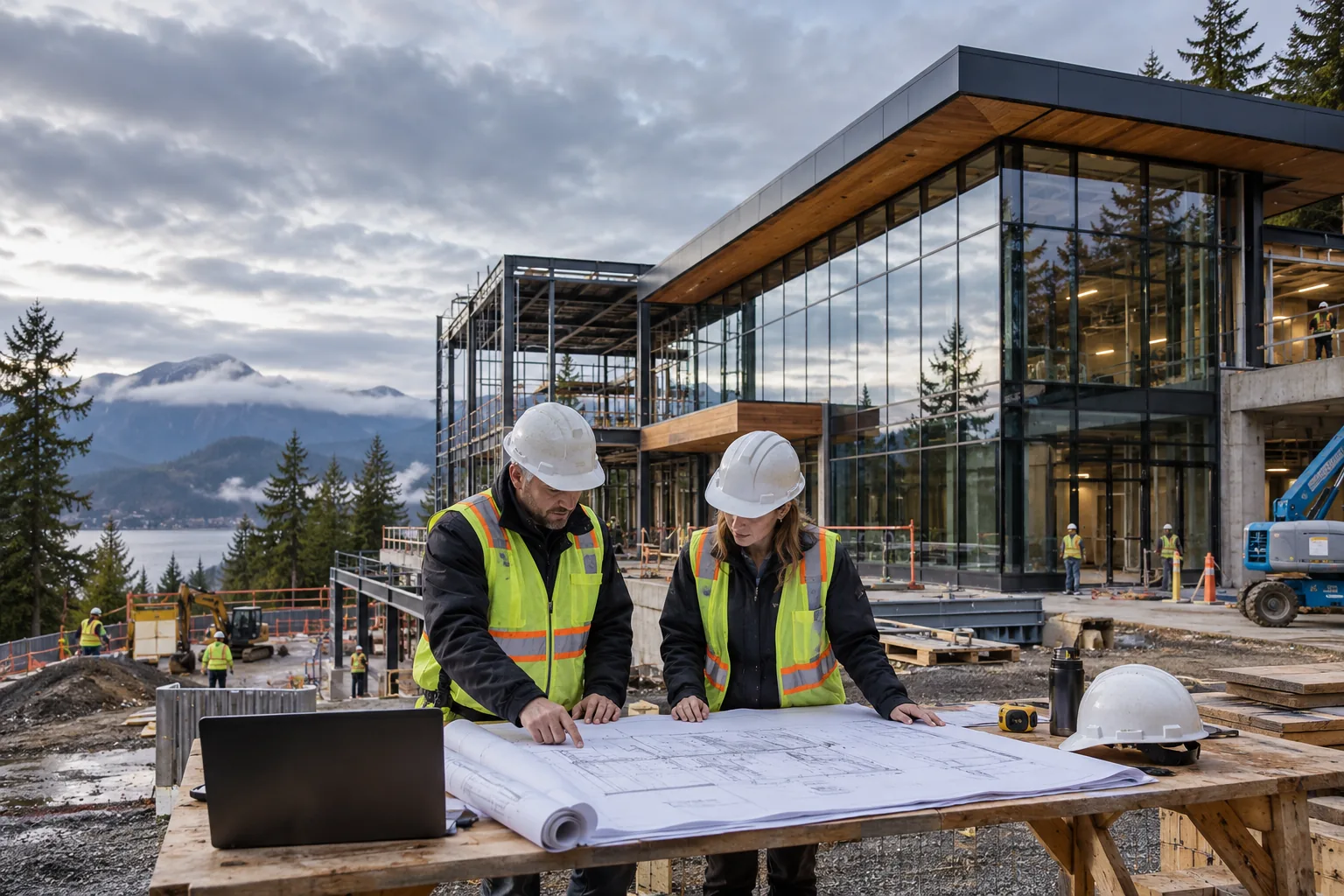 commercial construction with contemporary glazing, evergreen trees and cloudy Pacific Northwest light, foreground project drawing review station; illustrative regional setting for Washington, no specific real landmark.