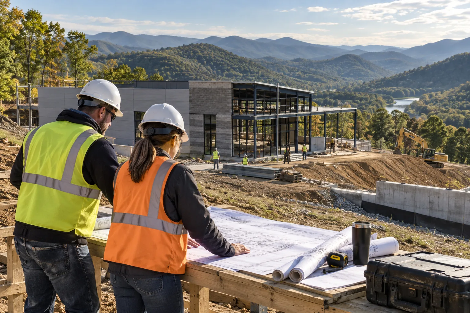 commercial building on a graded hillside site amid wooded Appalachian ridges, foreground project drawing review station; illustrative regional setting for West Virginia, no specific real landmark.