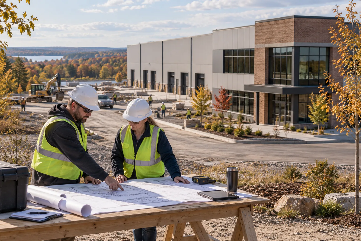 commercial warehouse and office development with brick accents and northern deciduous trees, foreground project drawing review station; illustrative regional setting for Wisconsin, no specific real landmark.