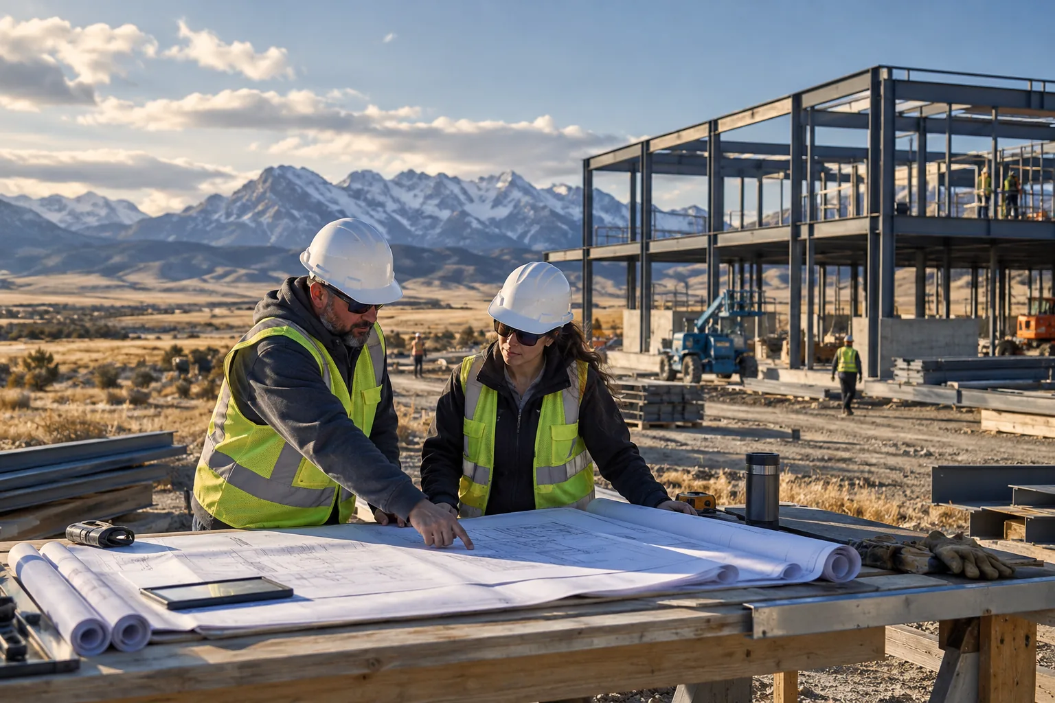 commercial construction with open high-plains landscape and distant rugged mountains, foreground project drawing review station; illustrative regional setting for Wyoming, no specific real landmark.