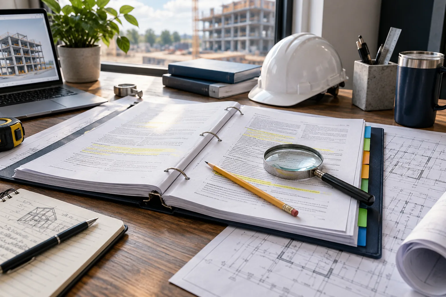 AI-generated illustration of careful technical review workspace with highlighted construction specifications, reference tabs, pencil and magnifier.