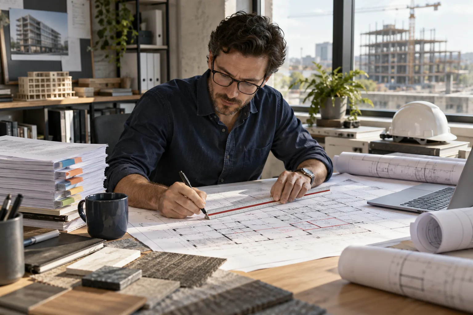 AI-generated illustration of architect reviewing marked-up floor plans with a scale ruler, organized specifications and revision tabs.