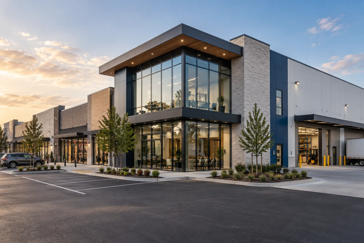 AI-generated illustration of mixed-use commercial development with office wing, retail storefronts and warehouse service entrance.