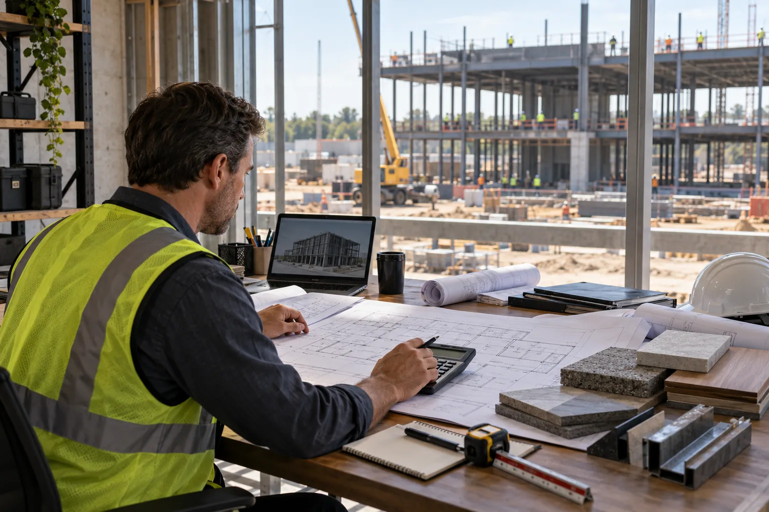 AI-generated illustration of estimator workspace overlooking commercial construction with plans, material samples and calculator.
