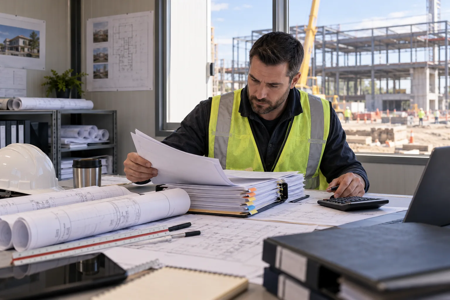 AI-generated illustration of contractor reviewing an organized tender package with drawing rolls, tabbed bid documents, calculator and commercial site visible through window.