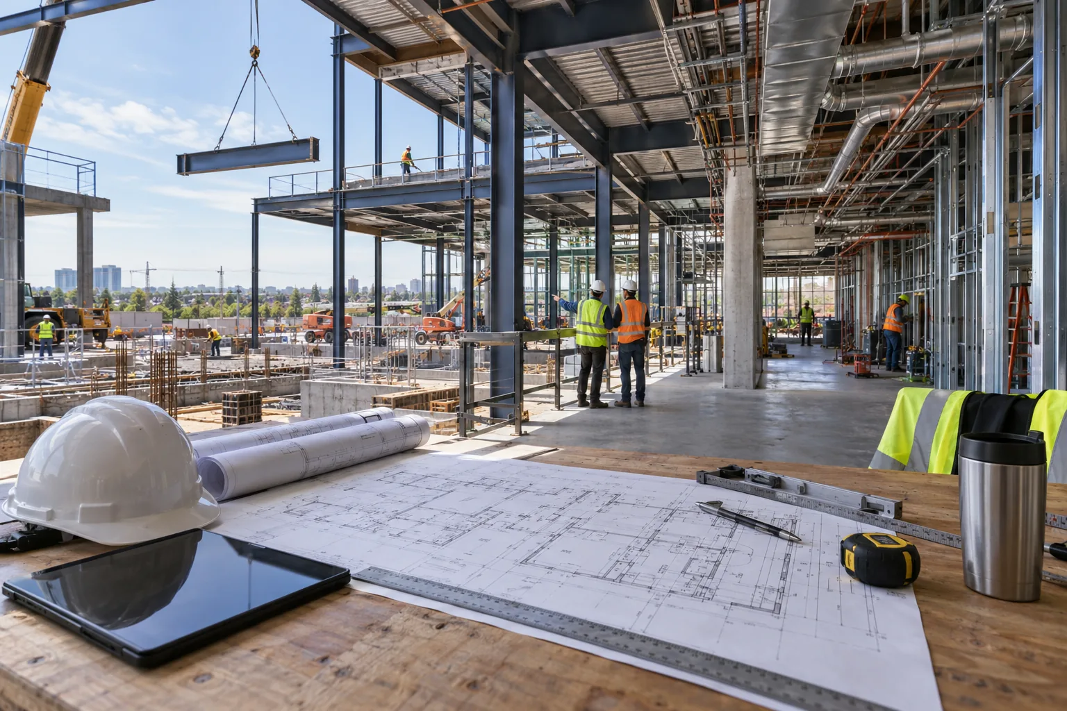 AI-generated illustration of multi-trade commercial construction site viewed from a planning table with architectural plans, steel structure, concrete and coordinated MEP systems.