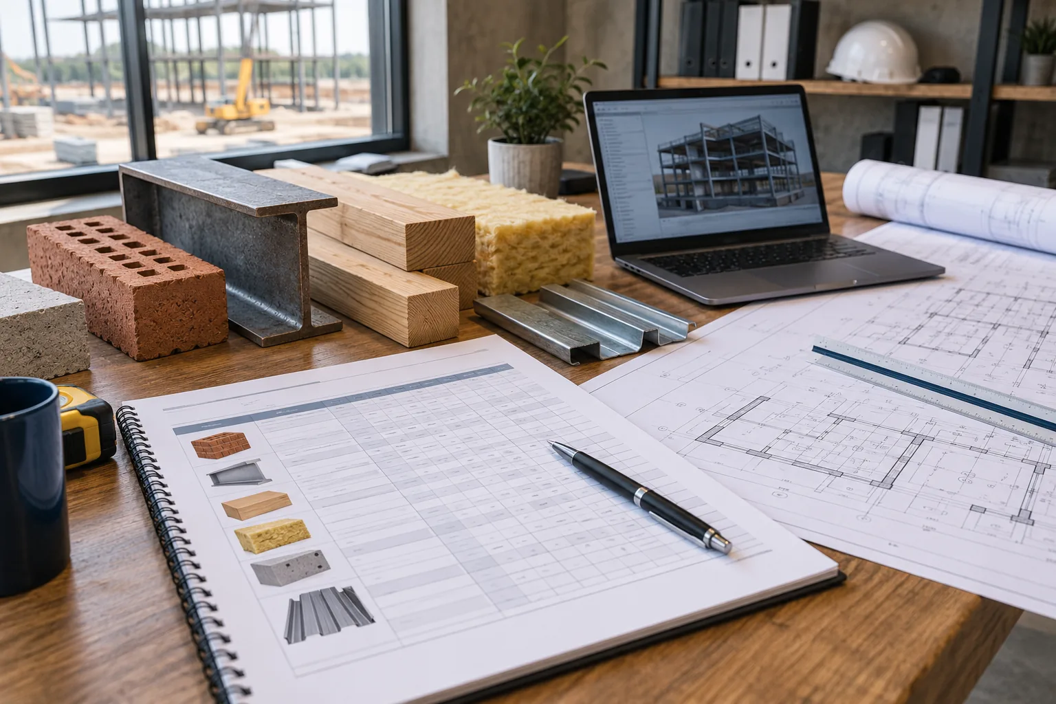 AI-generated illustration of commercial material scheduling desk with brick, steel, timber and insulation samples beside a material-count worksheet and plans.