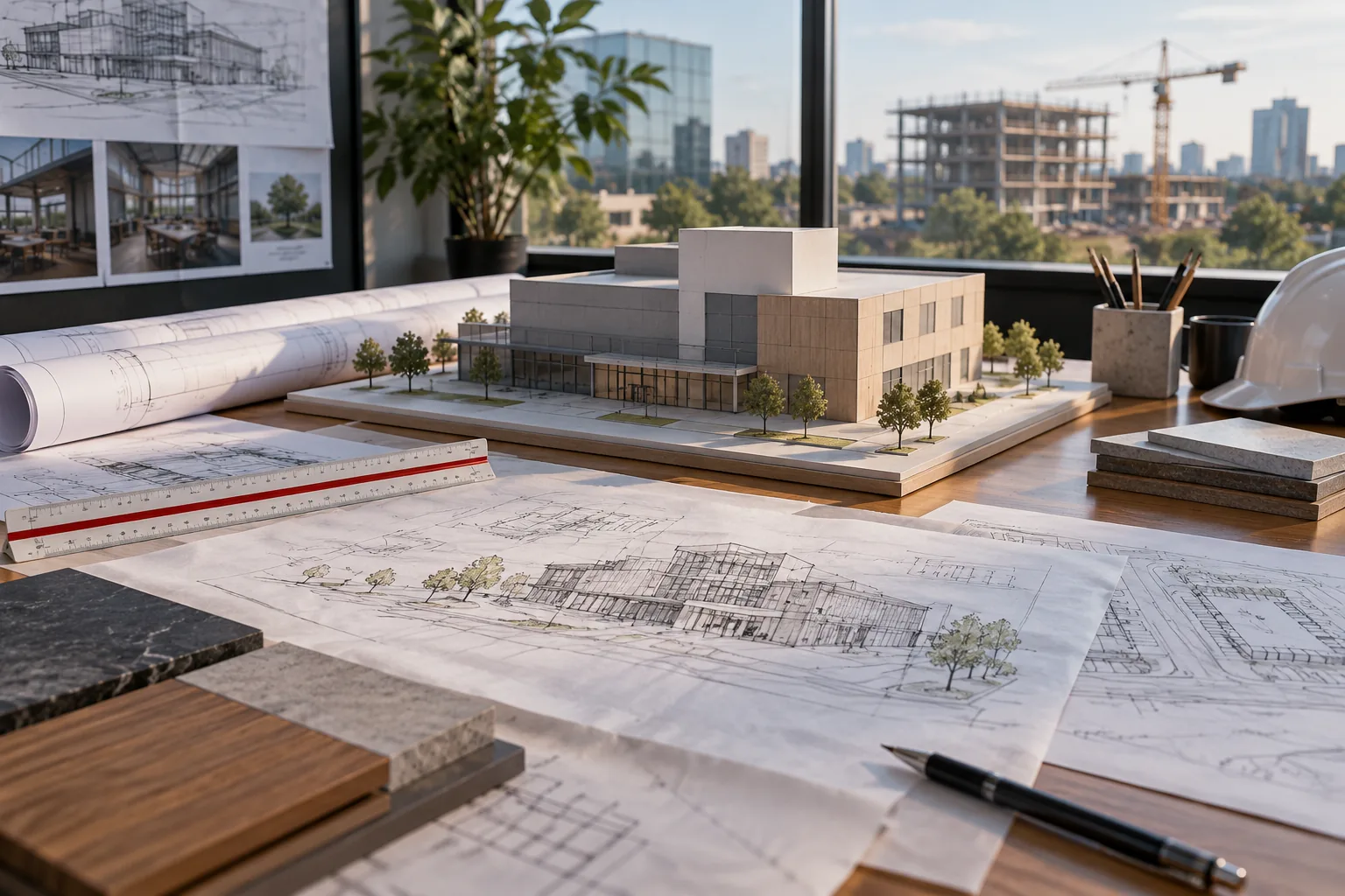 AI-generated illustration of early conceptual commercial building massing model with tracing-paper design sketches, scale ruler and rough planning drawings.