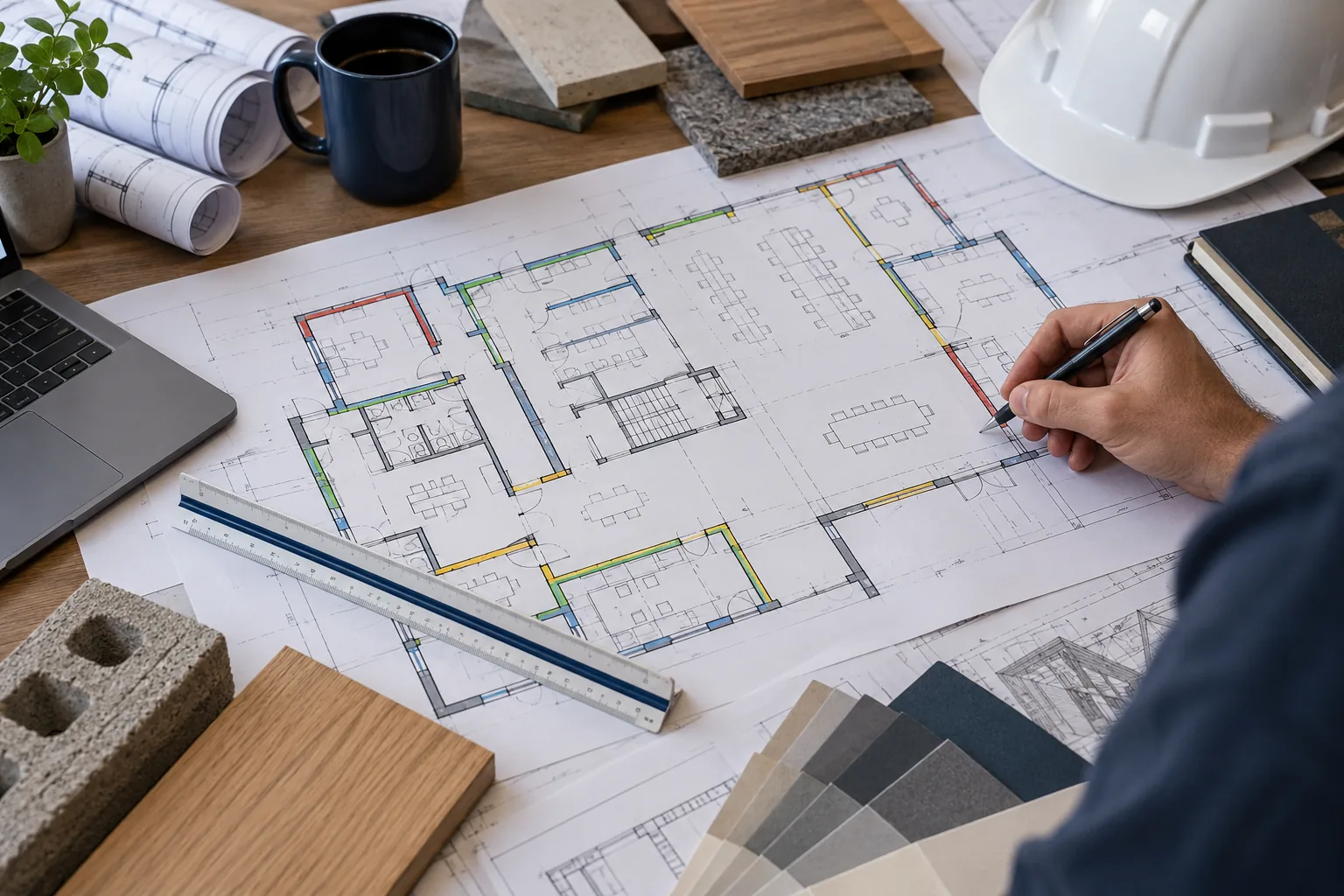 AI-generated illustration of overhead view of architectural floor plans, scale ruler and color-marked measured wall runs, a precise quantity-review workspace.