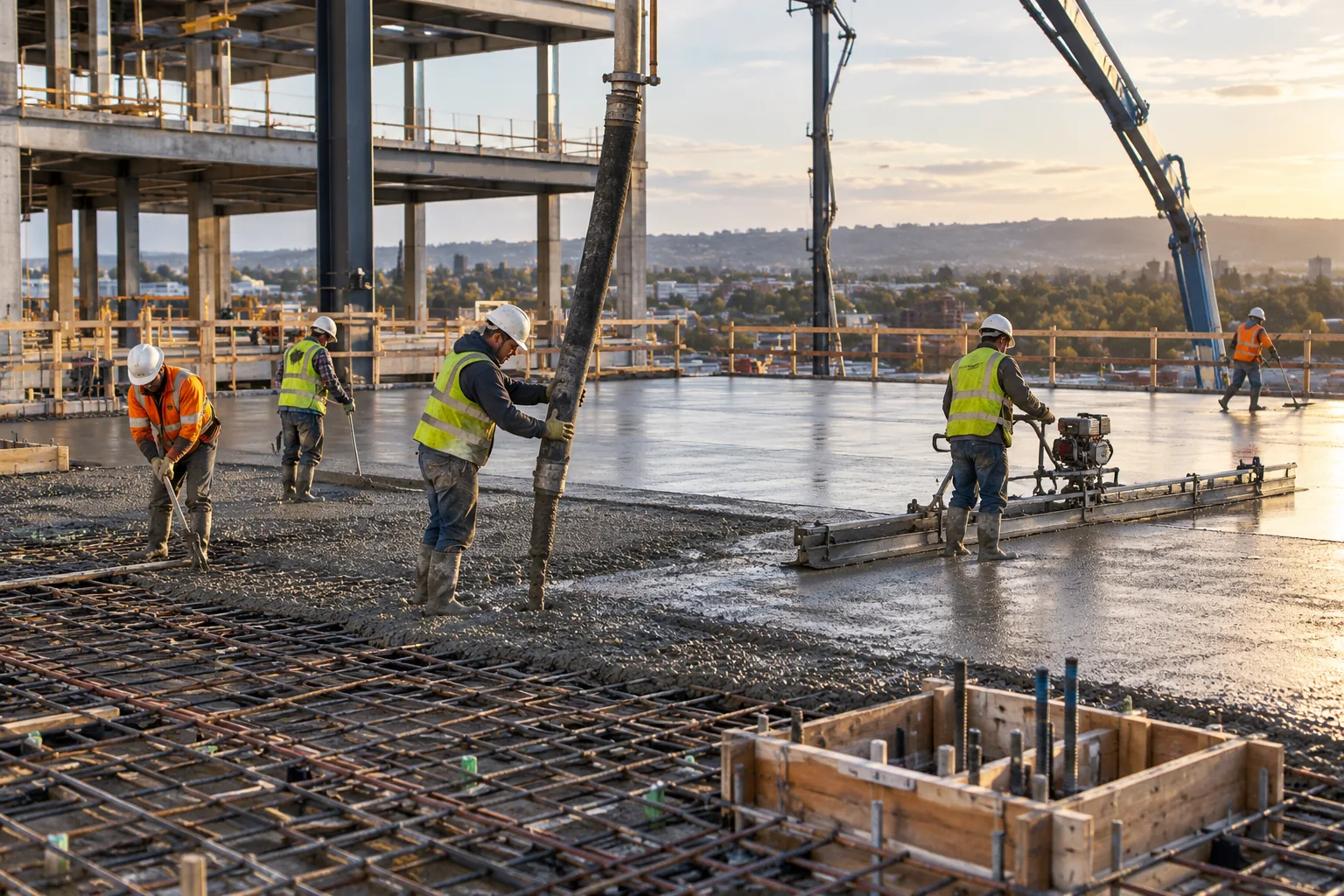 AI-generated illustration of commercial slab pour with concrete pump hose, screed equipment, reinforcement and workers in hard hats.