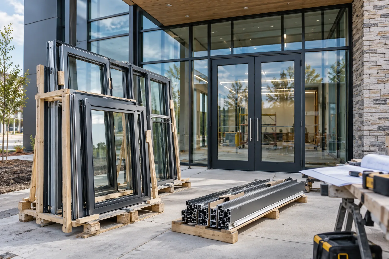 AI-generated illustration of commercial aluminum doors and window frames staged for installation beside a glazed building entrance.