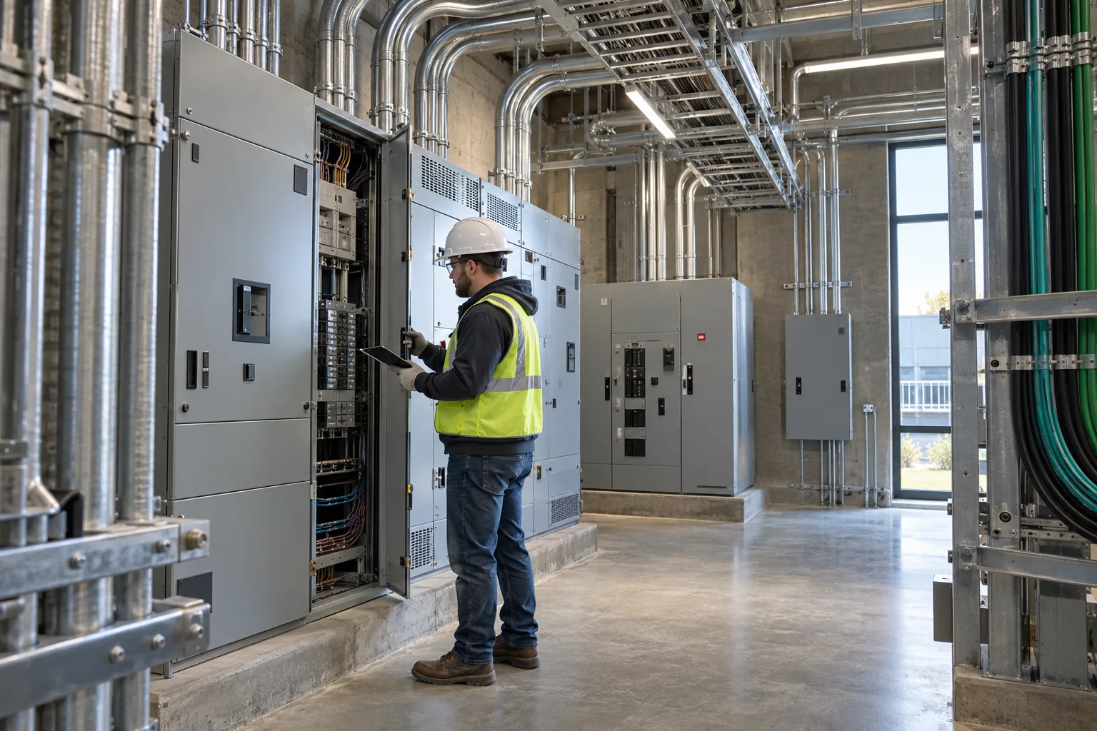 AI-generated illustration of organized commercial electrical room with switchgear, conduit bends, cable trays and a technician in protective equipment inspecting a panel.