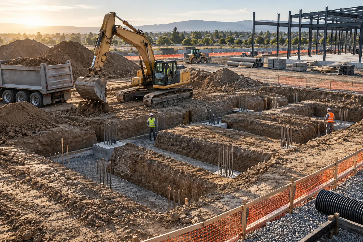 AI-generated illustration of commercial foundation excavation with an excavator, clearly cut trenches, soil stockpiles and safe site barriers.